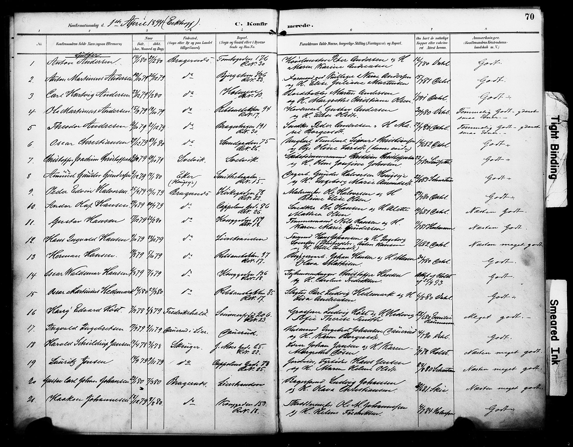 Bragernes kirkebøker, AV/SAKO-A-6/F/Fc/L0006: Parish register (official) no. III 6, 1888-1899, p. 70