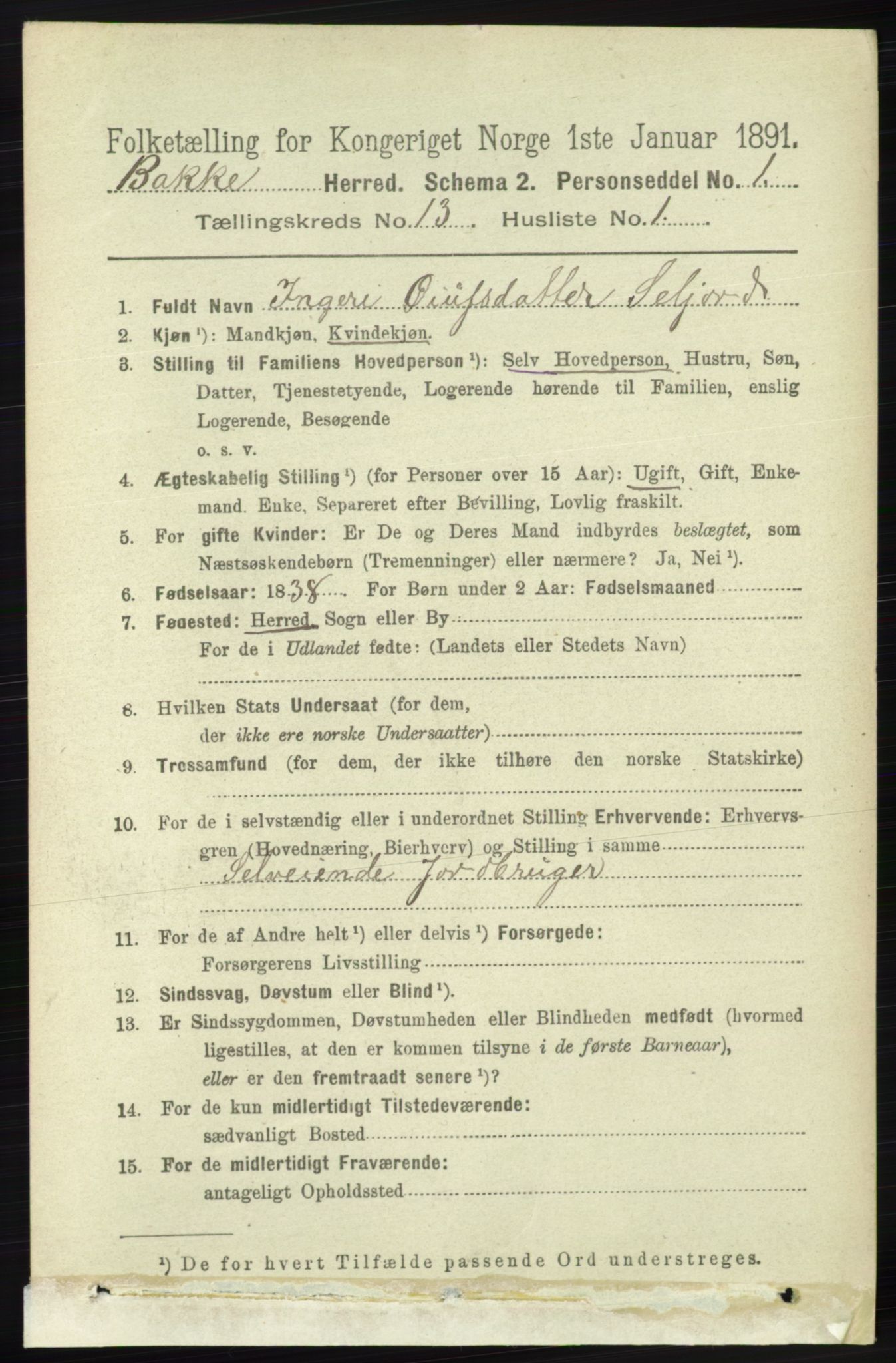 RA, 1891 census for 1045 Bakke, 1891, p. 2703