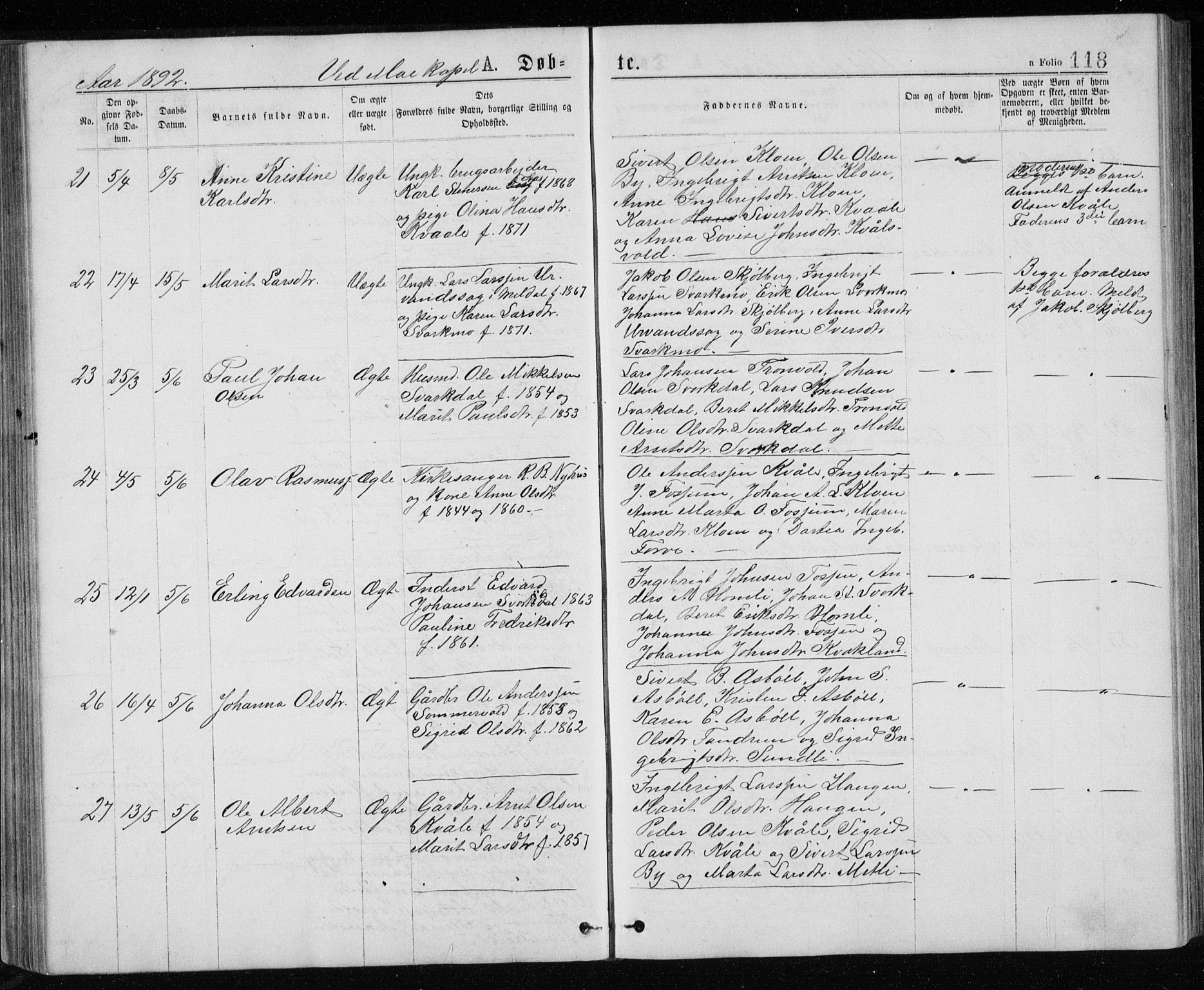 Ministerialprotokoller, klokkerbøker og fødselsregistre - Sør-Trøndelag, SAT/A-1456/671/L0843: Parish register (copy) no. 671C02, 1873-1892, p. 118