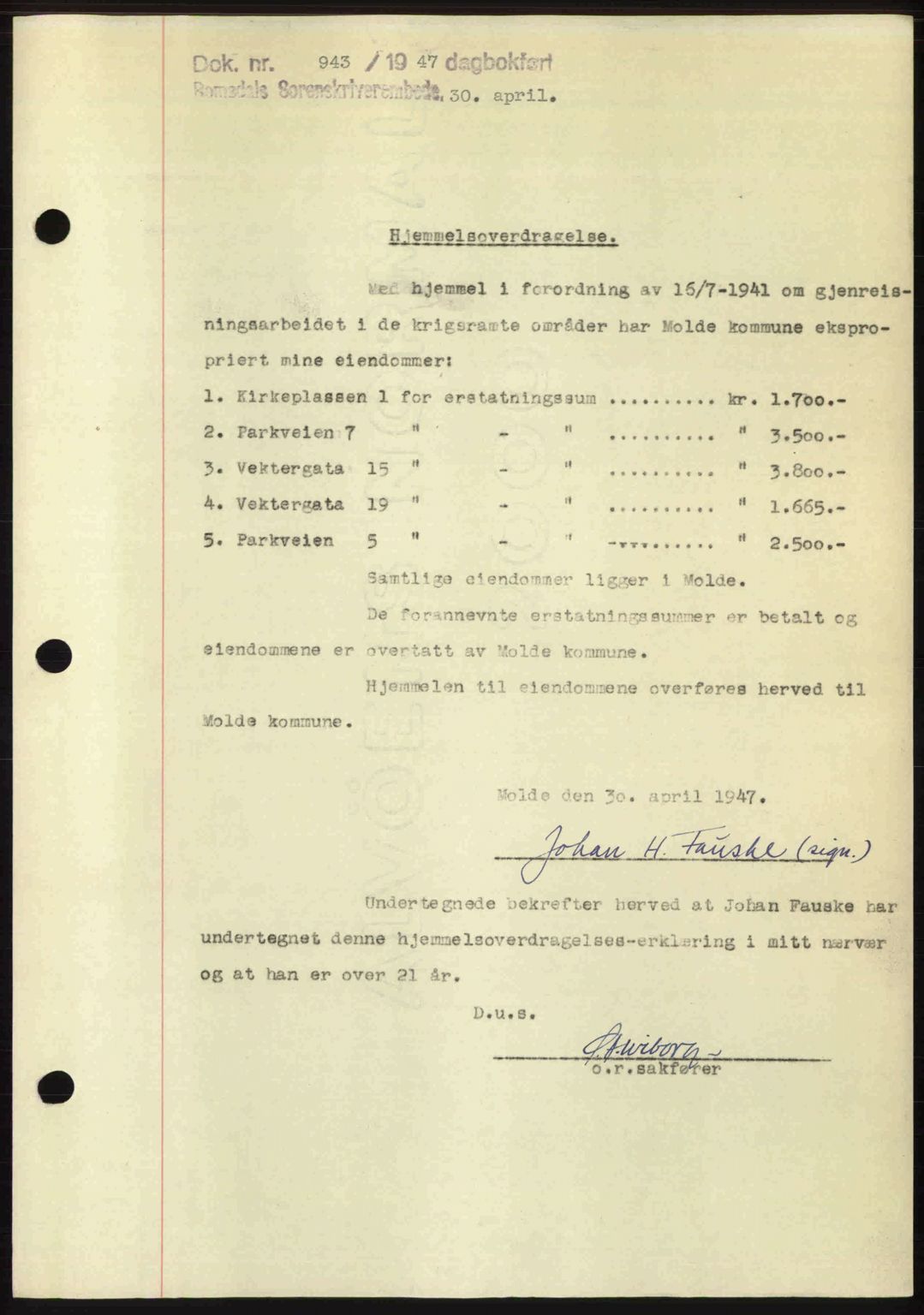 Romsdal sorenskriveri, AV/SAT-A-4149/1/2/2C: Mortgage book no. A22, 1947-1947, Diary no: : 943/1947