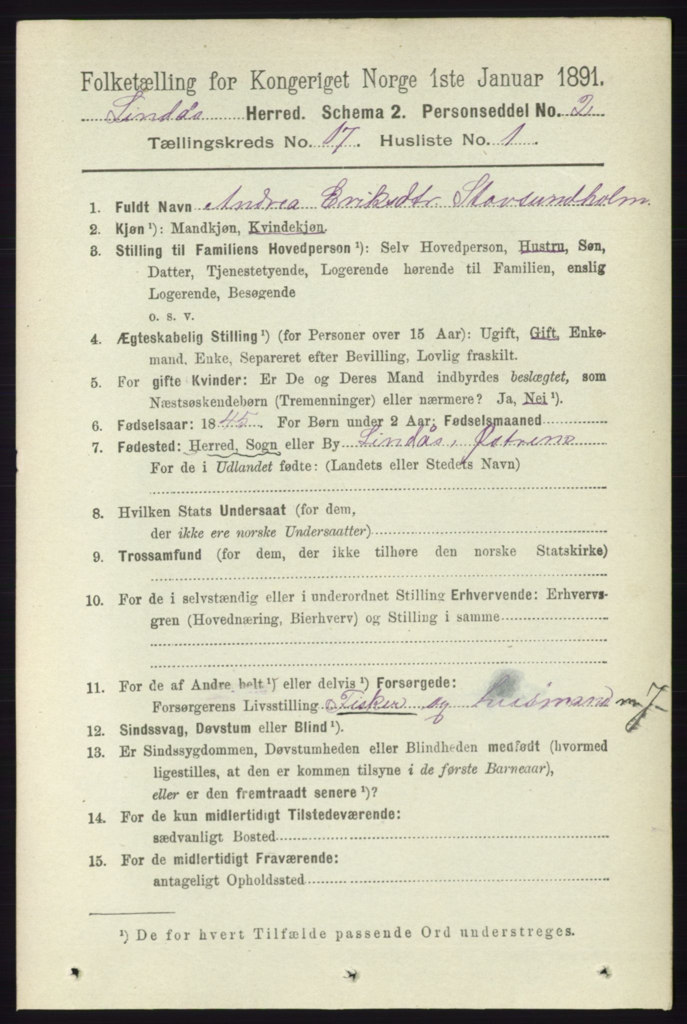 RA, 1891 census for 1263 Lindås, 1891, p. 6133