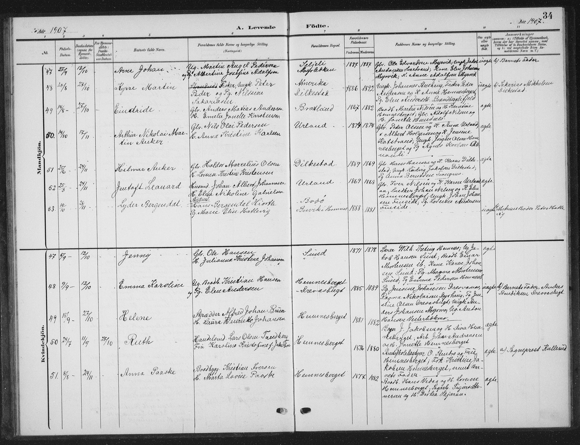 Ministerialprotokoller, klokkerbøker og fødselsregistre - Nordland, AV/SAT-A-1459/825/L0370: Parish register (copy) no. 825C07, 1903-1923, p. 34