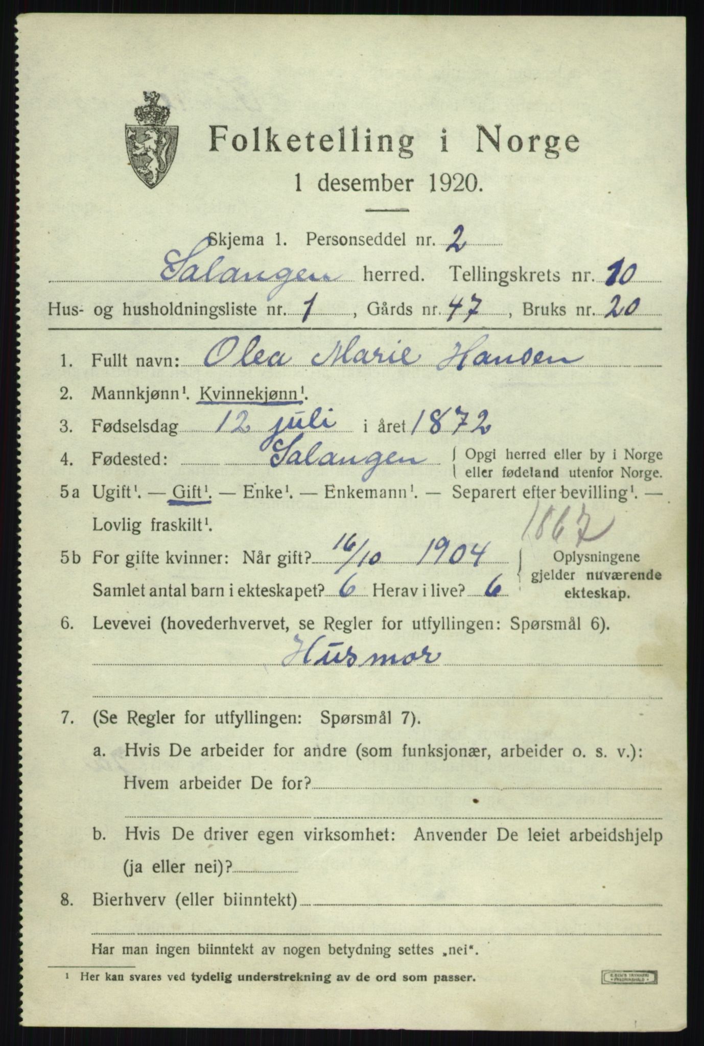 SATØ, 1920 census for Salangen, 1920, p. 6270