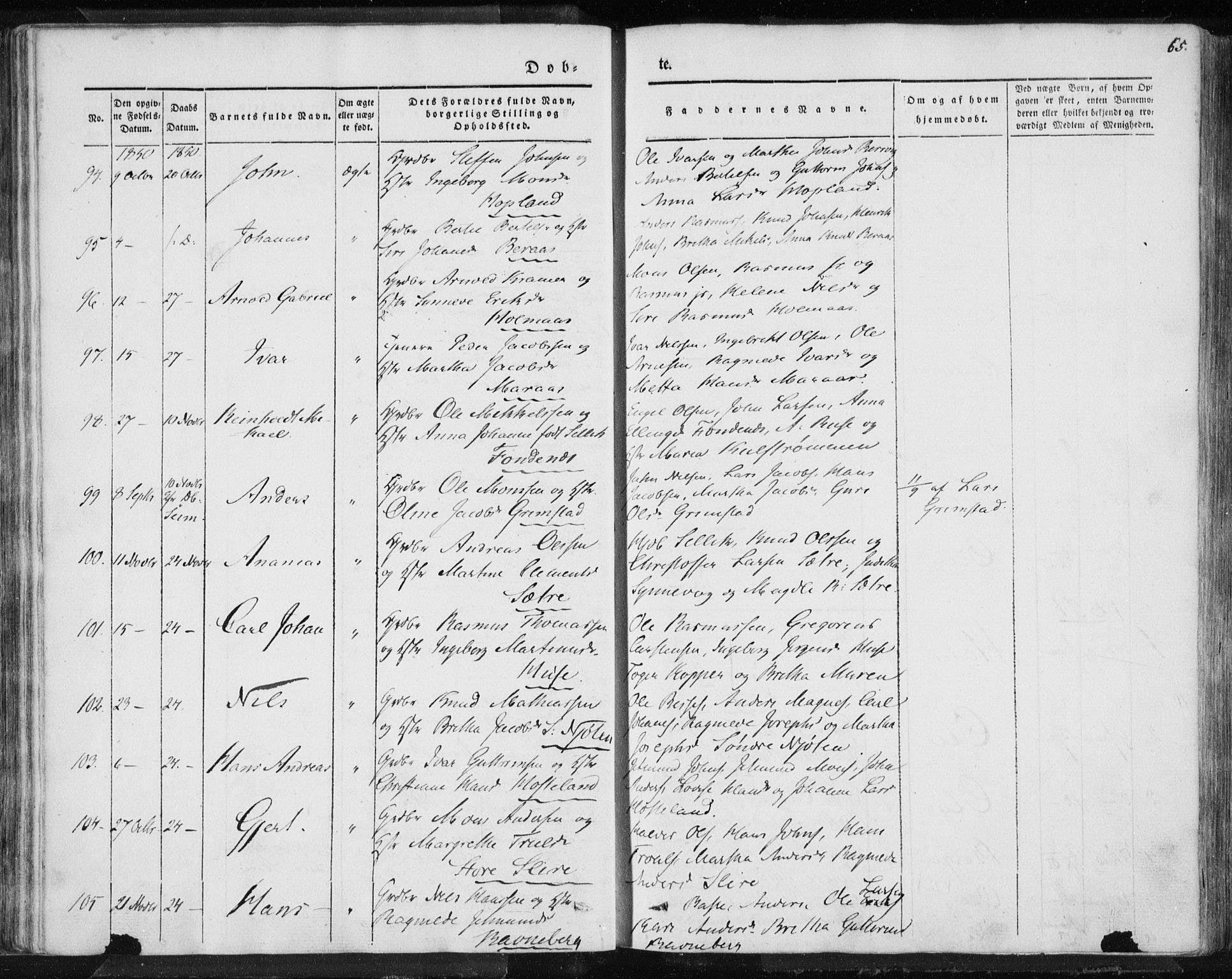 Lindås Sokneprestembete, AV/SAB-A-76701/H/Haa/Haaa/L0010: Parish register (official) no. A 10, 1842-1862, p. 65