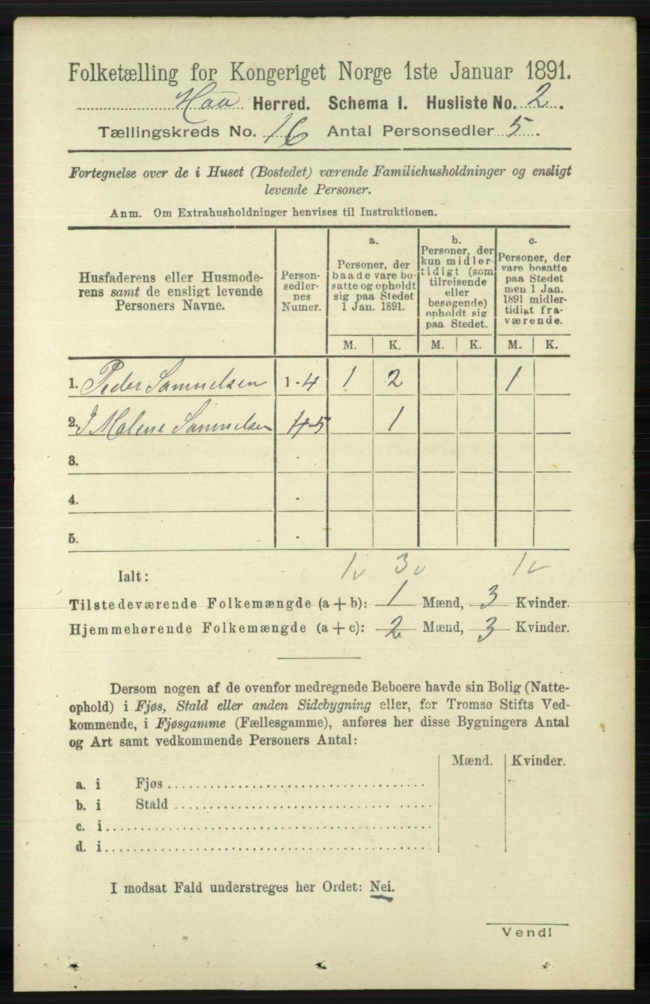 RA, 1891 census for 1119 Hå, 1891, p. 3991