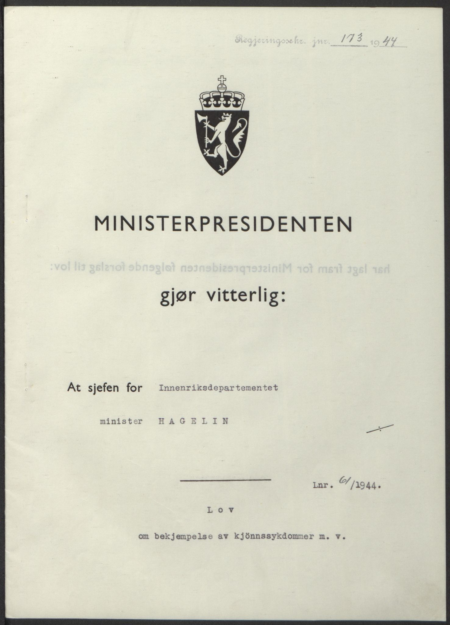 NS-administrasjonen 1940-1945 (Statsrådsekretariatet, de kommisariske statsråder mm), RA/S-4279/D/Db/L0100: Lover, 1944, p. 285