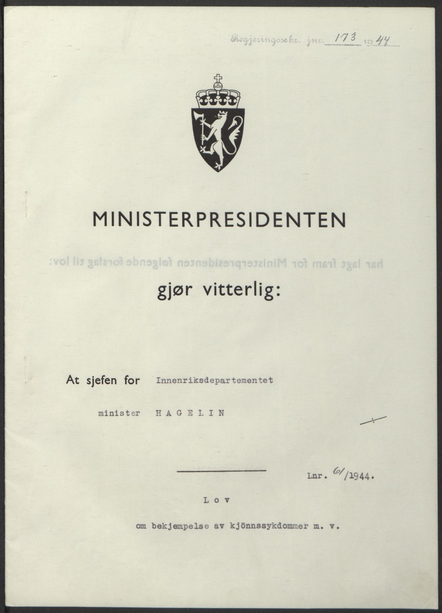 NS-administrasjonen 1940-1945 (Statsrådsekretariatet, de kommisariske statsråder mm), AV/RA-S-4279/D/Db/L0100: Lover, 1944, p. 285