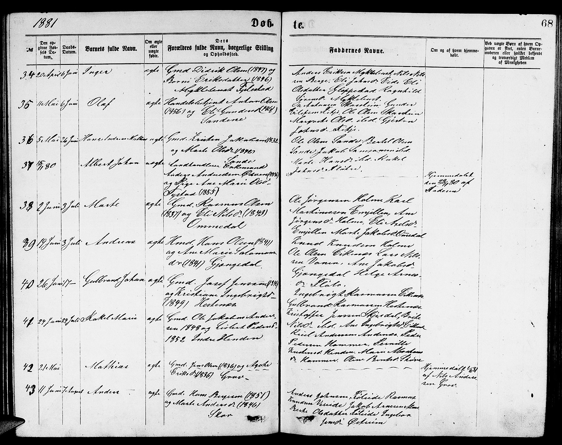 Gloppen sokneprestembete, AV/SAB-A-80101/H/Hab/Habb/L0001: Parish register (copy) no. B 1, 1872-1888, p. 68