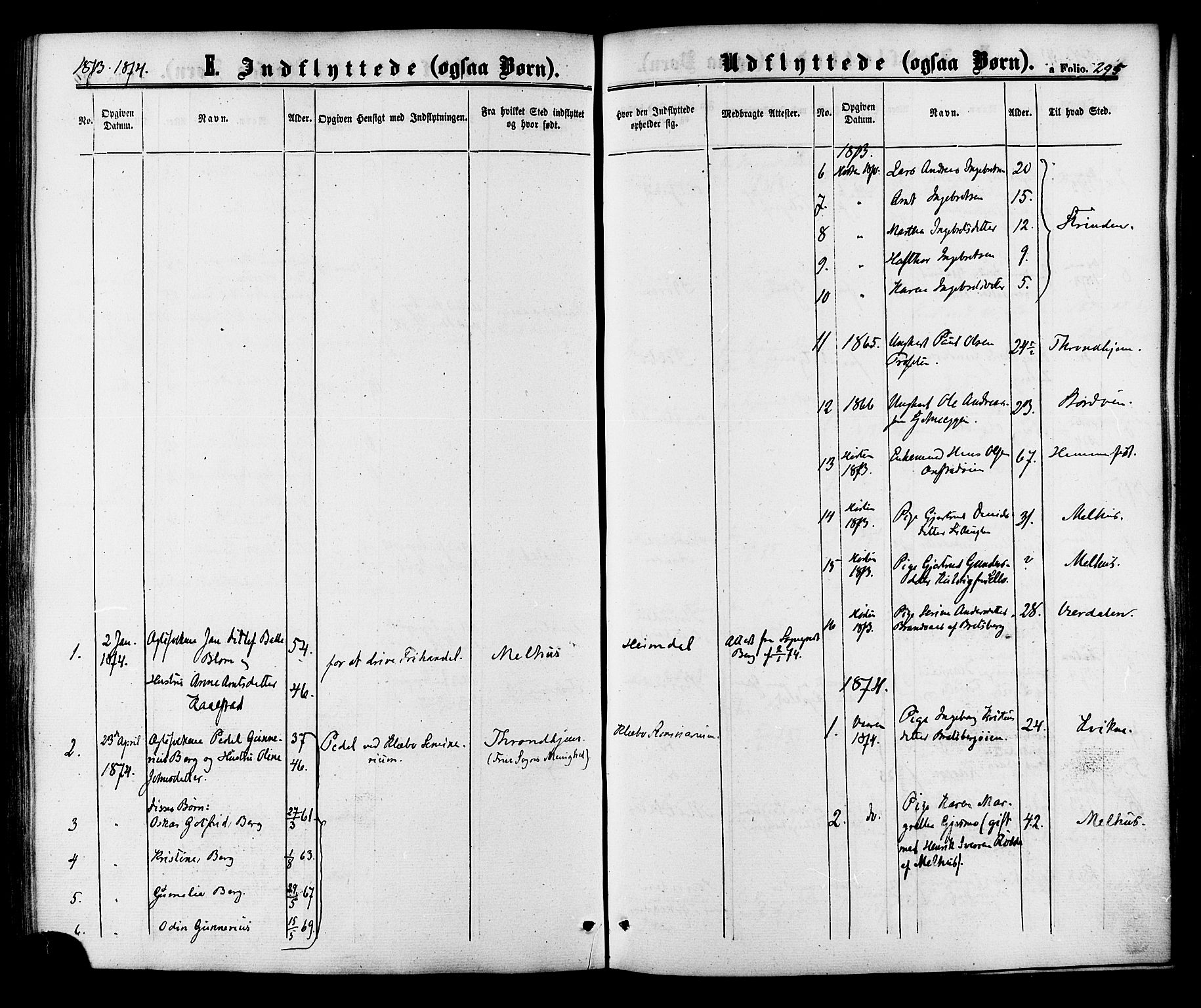 Ministerialprotokoller, klokkerbøker og fødselsregistre - Sør-Trøndelag, SAT/A-1456/618/L0442: Parish register (official) no. 618A06 /1, 1863-1879, p. 295