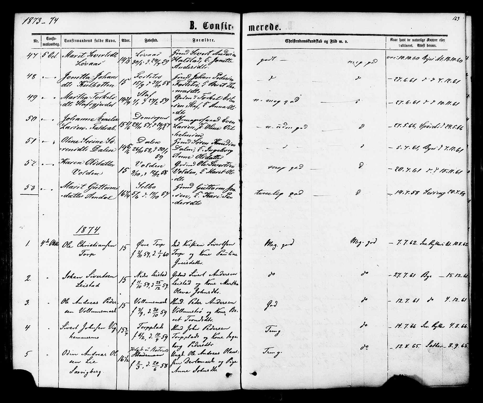 Ministerialprotokoller, klokkerbøker og fødselsregistre - Sør-Trøndelag, SAT/A-1456/616/L0409: Parish register (official) no. 616A06, 1865-1877, p. 123