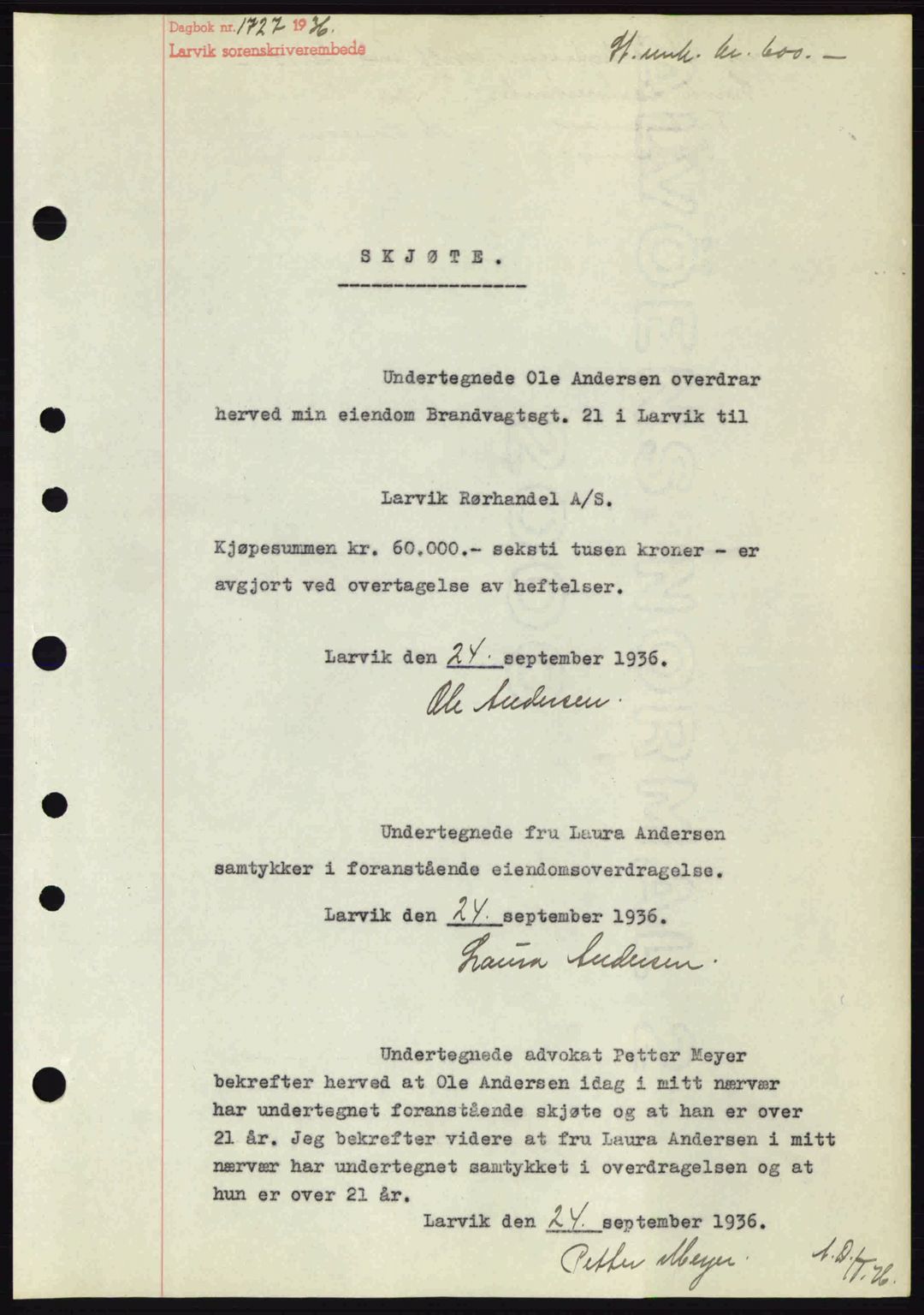 Larvik sorenskriveri, SAKO/A-83/G/Ga/Gab/L0067: Mortgage book no. A-1, 1936-1937, Diary no: : 1727/1936