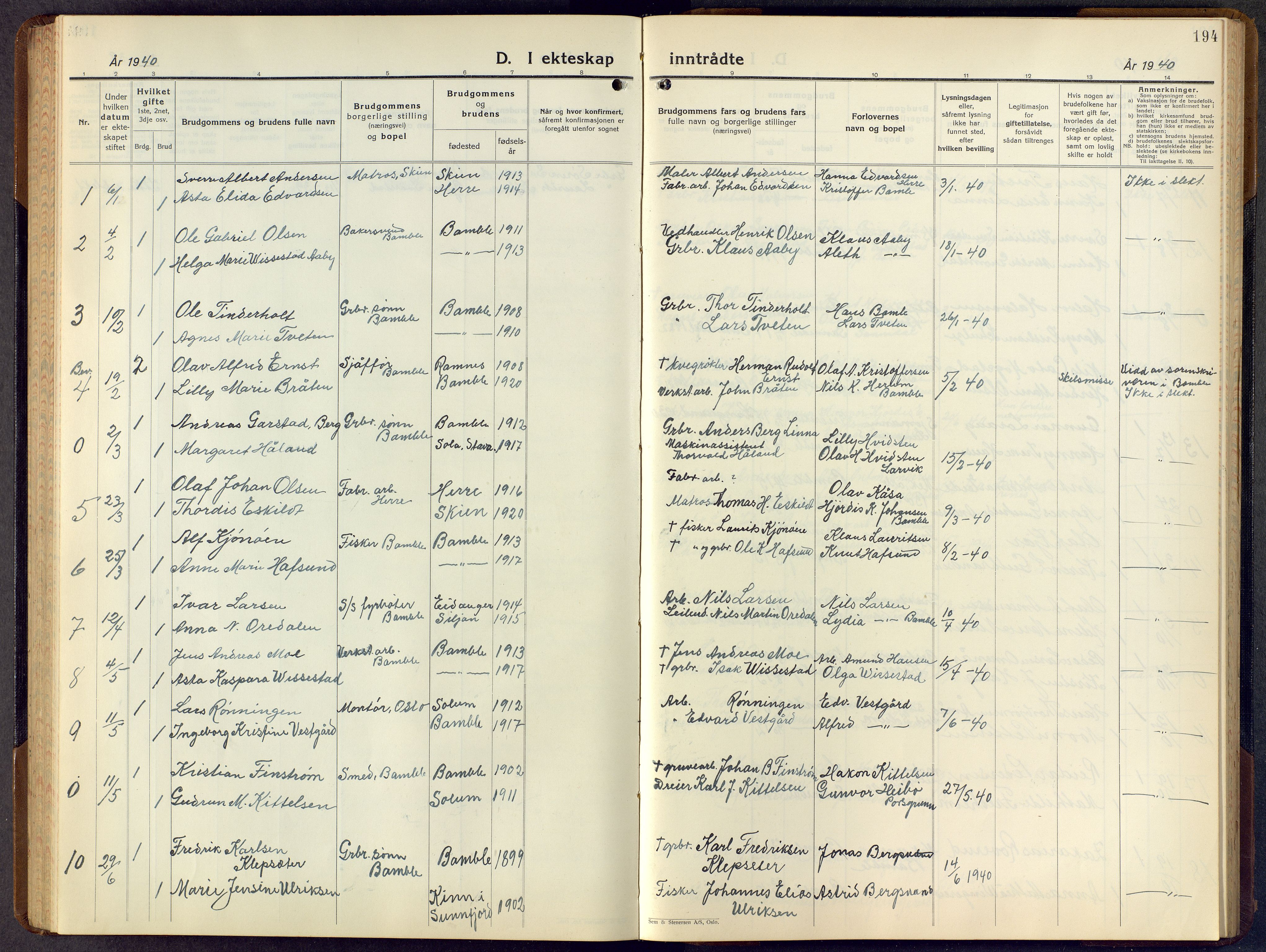 Bamble kirkebøker, AV/SAKO-A-253/G/Ga/L0012: Parish register (copy) no. I 12, 1936-1951, p. 194