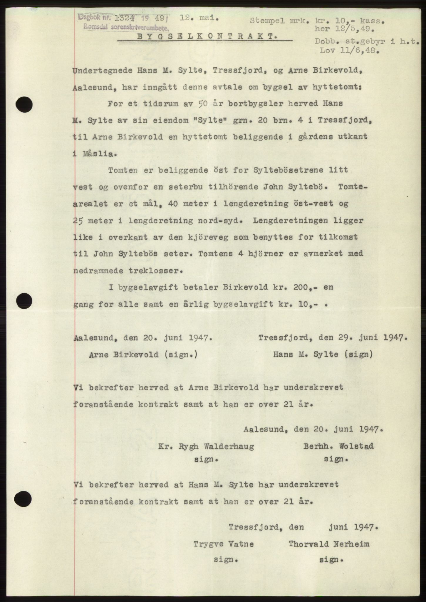 Romsdal sorenskriveri, AV/SAT-A-4149/1/2/2C: Mortgage book no. B4, 1948-1949, Diary no: : 1324/1949