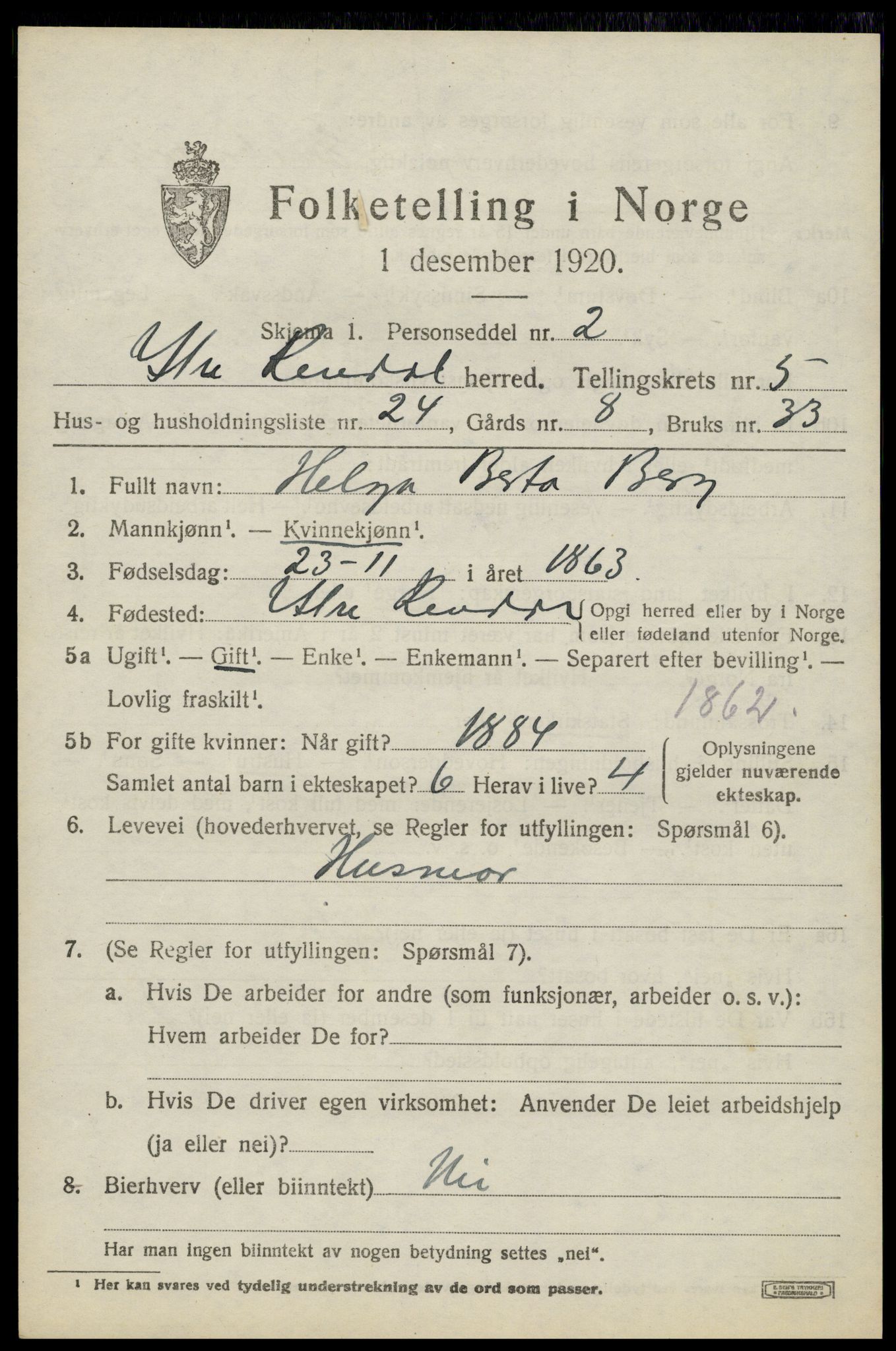 SAH, 1920 census for Ytre Rendal, 1920, p. 2913