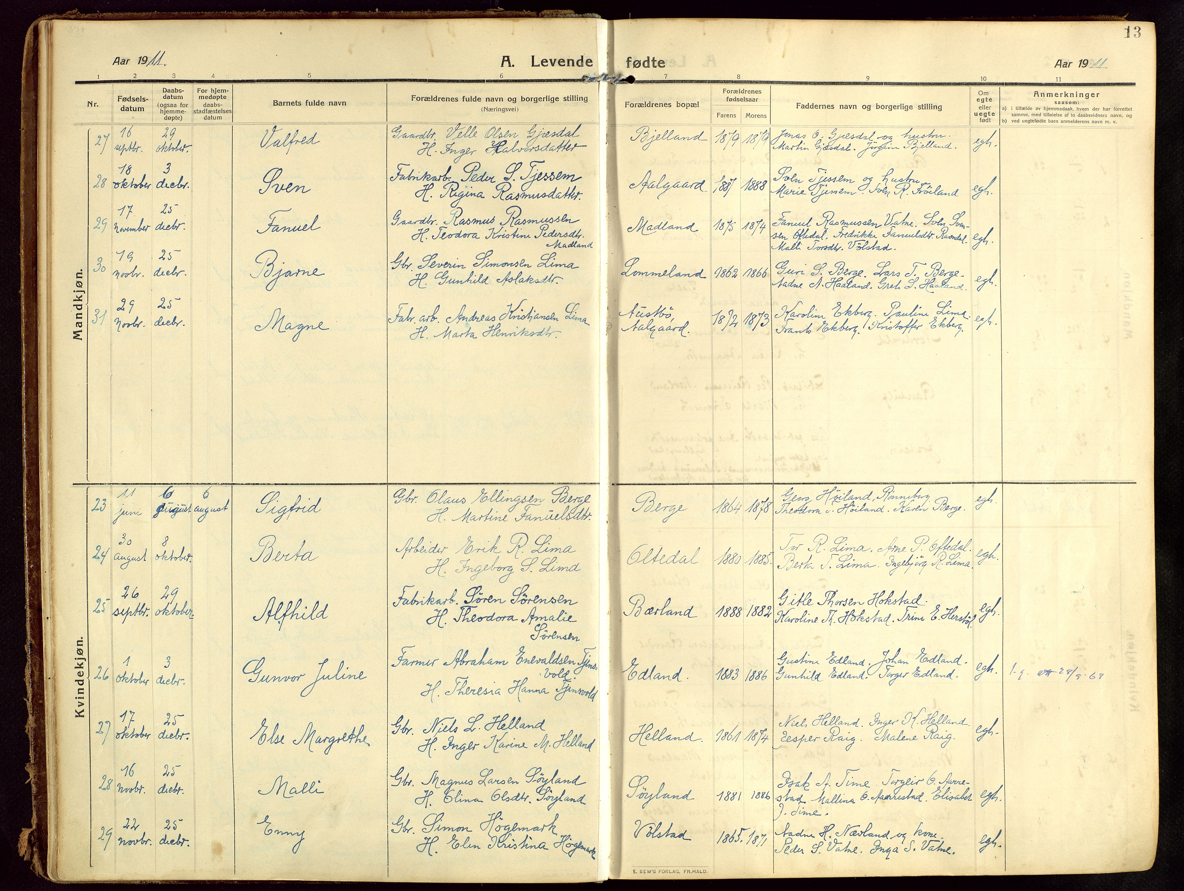 Lye sokneprestkontor, SAST/A-101794/002/B/L0001: Parish register (official) no. A 13, 1910-1925, p. 13