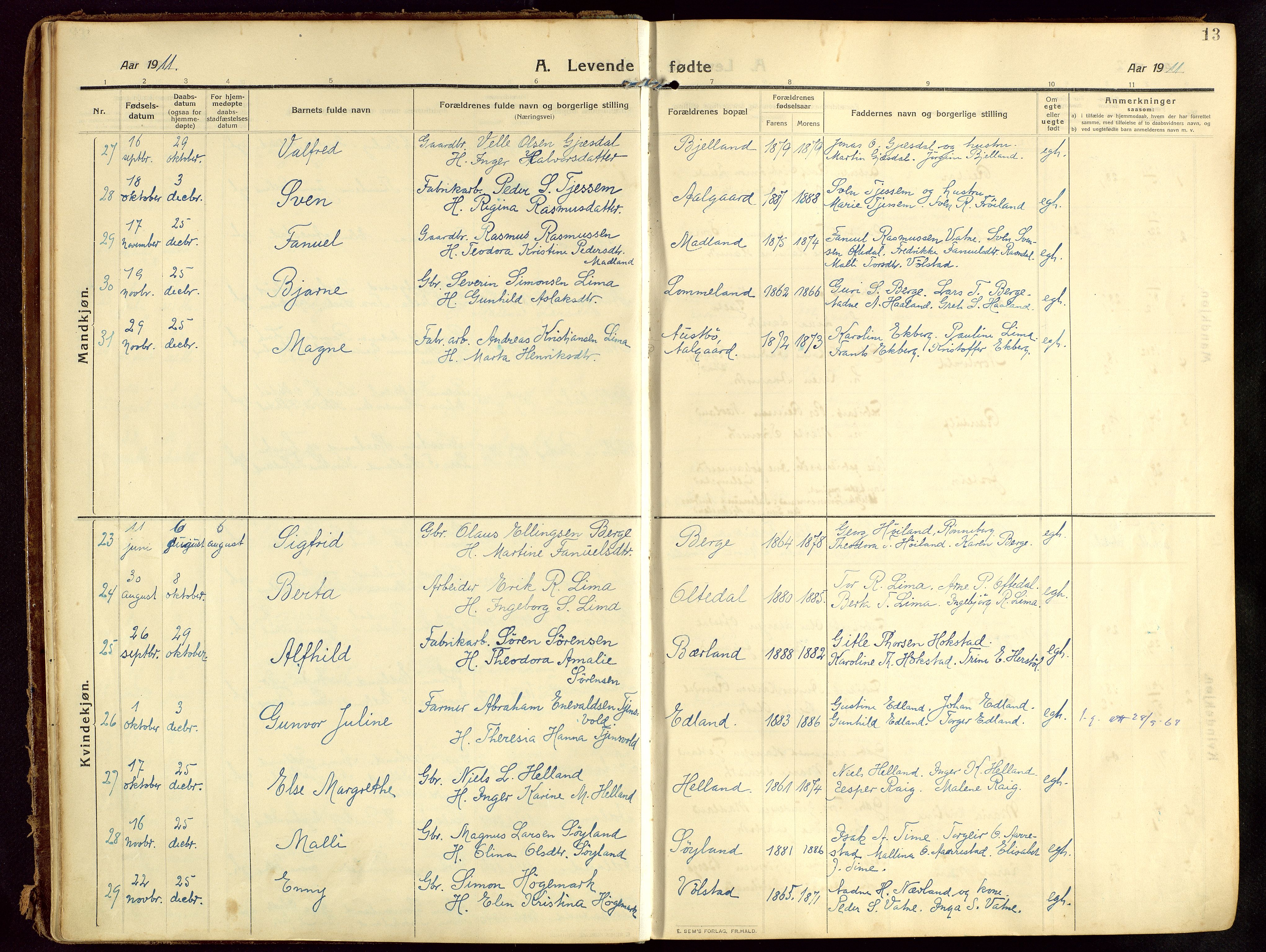 Lye sokneprestkontor, AV/SAST-A-101794/002/B/L0001: Parish register (official) no. A 13, 1910-1925, p. 13