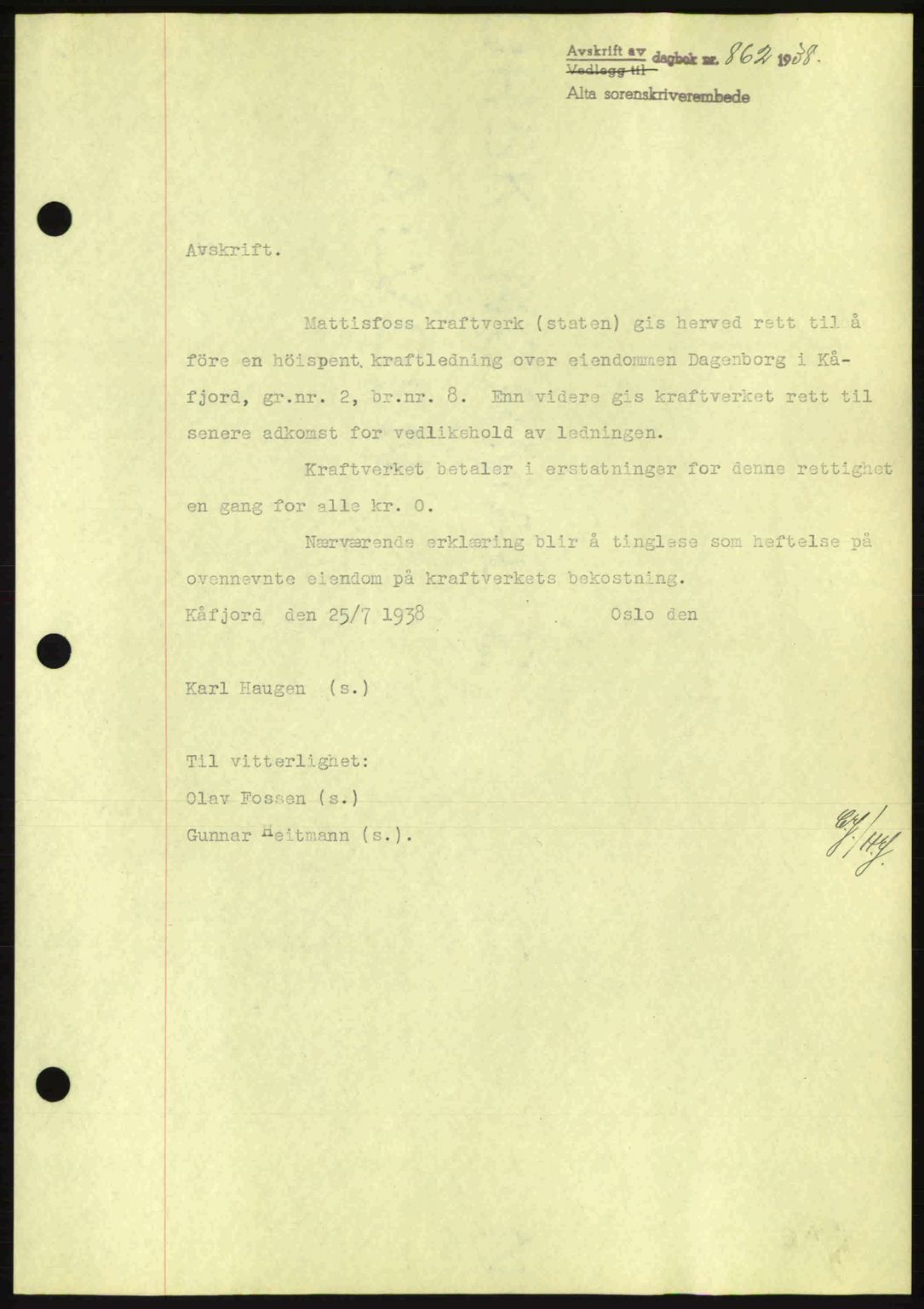 Alta fogderi/sorenskriveri, SATØ/SATØ-5/1/K/Kd/L0031pantebok: Mortgage book no. 31, 1938-1939, Diary no: : 862/1938