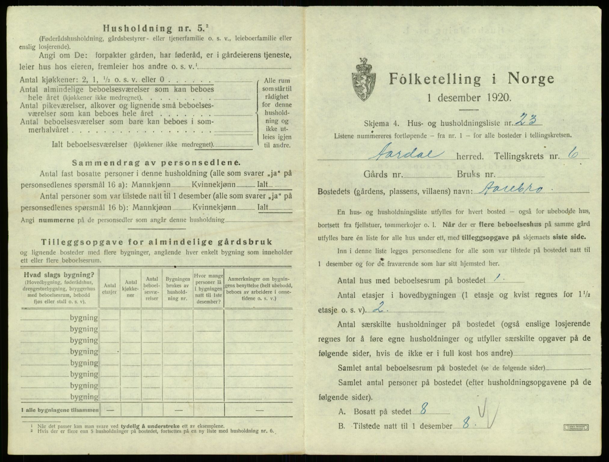 SAB, 1920 census for Årdal, 1920, p. 441