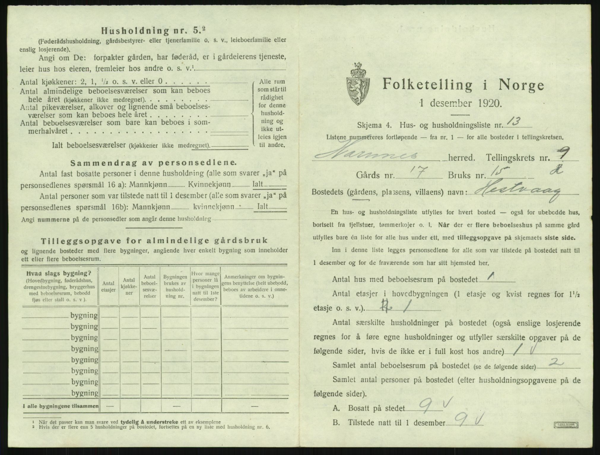 SAK, 1920 census for Hornnes, 1920, p. 375