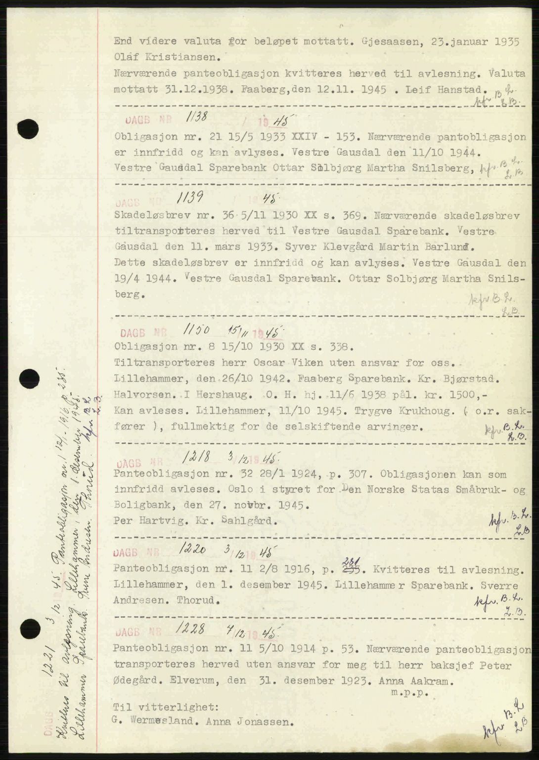 Sør-Gudbrandsdal tingrett, SAH/TING-004/H/Hb/Hbf/L0002: Mortgage book no. C1, 1938-1951, Diary no: : 1138/1945
