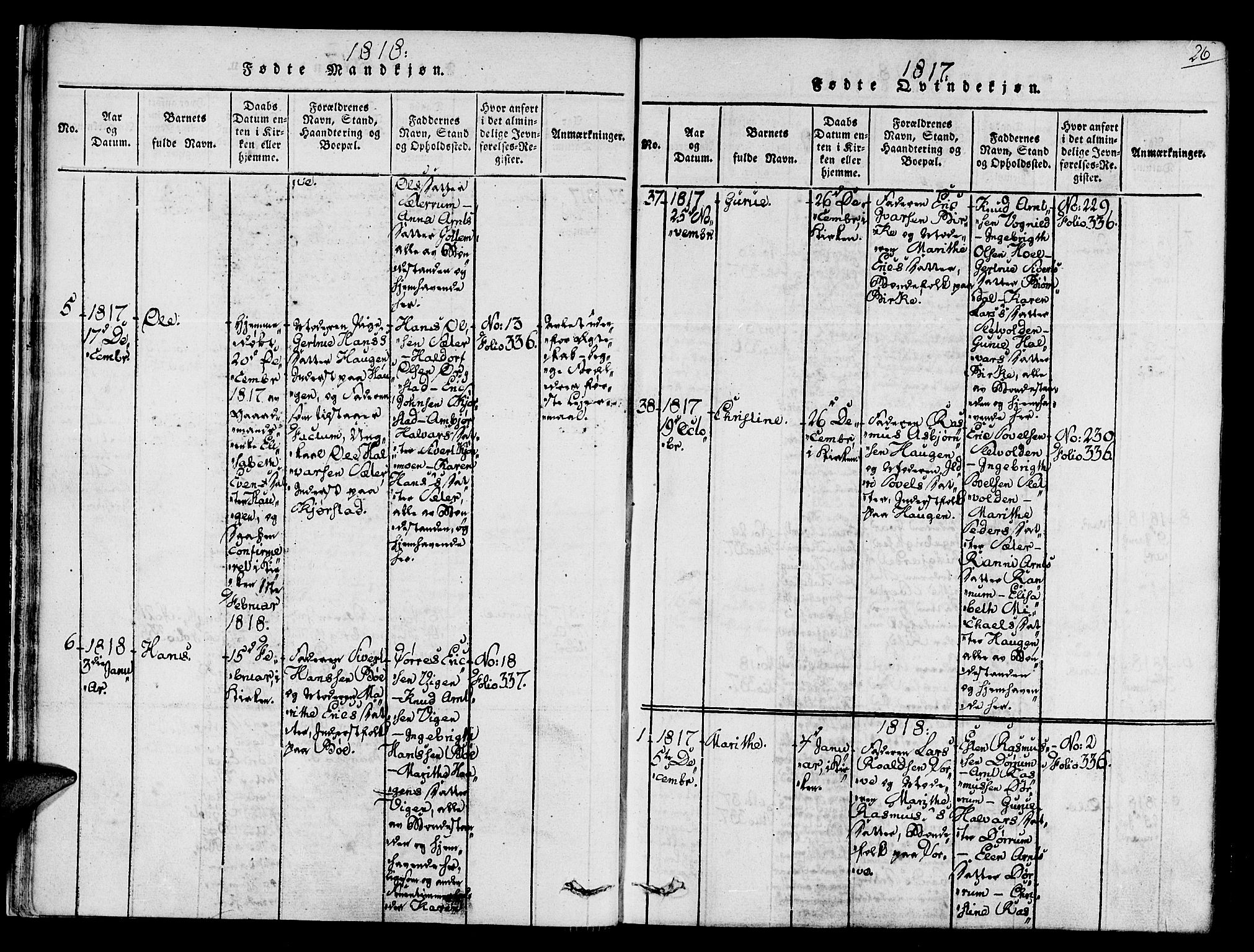 Ministerialprotokoller, klokkerbøker og fødselsregistre - Sør-Trøndelag, SAT/A-1456/678/L0895: Parish register (official) no. 678A05 /1, 1816-1821, p. 26