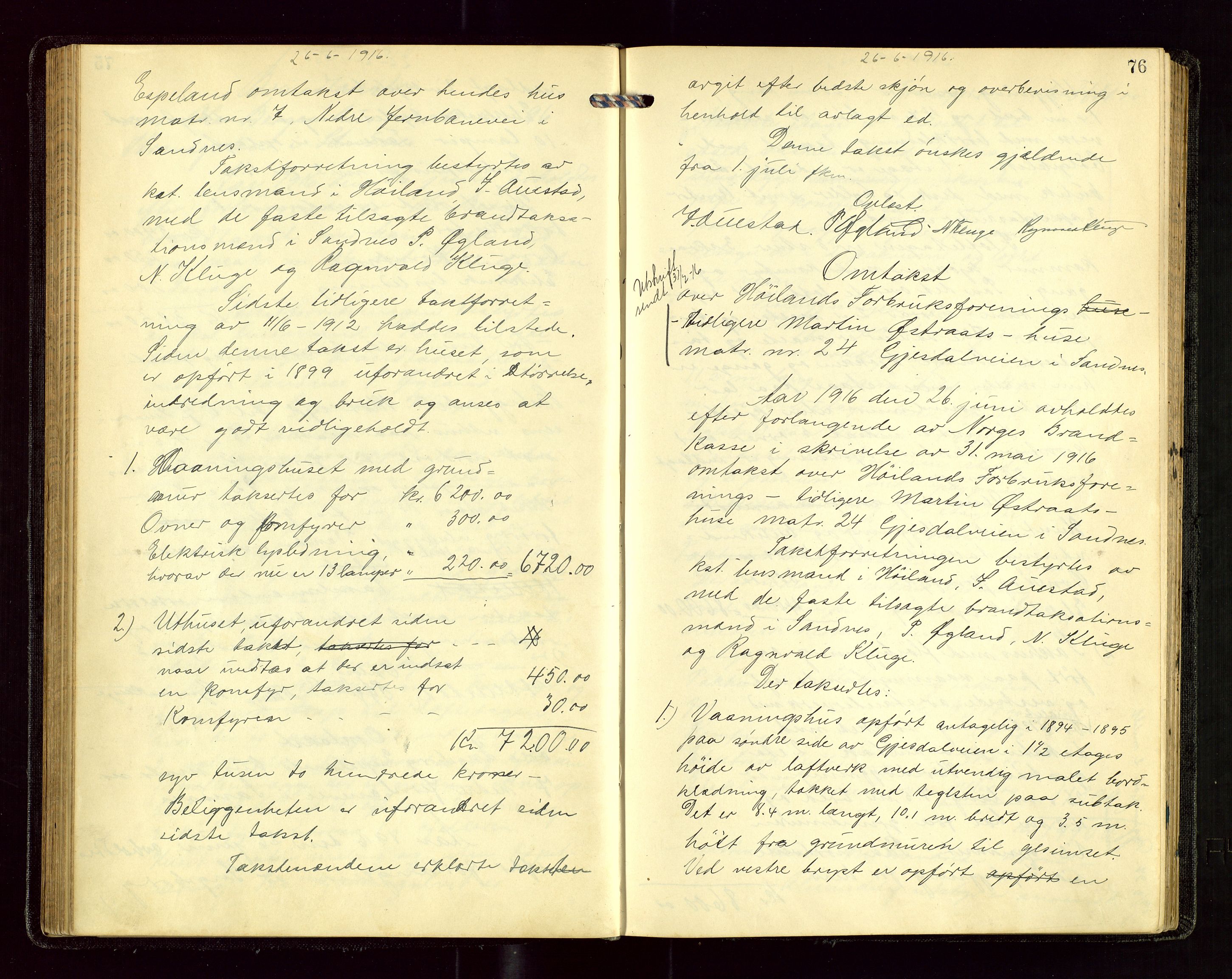 Sandnes lensmannskontor, AV/SAST-A-100167/Goa/L0001: "Brandtakstprotokol", 1913-1919, p. 75b-76a