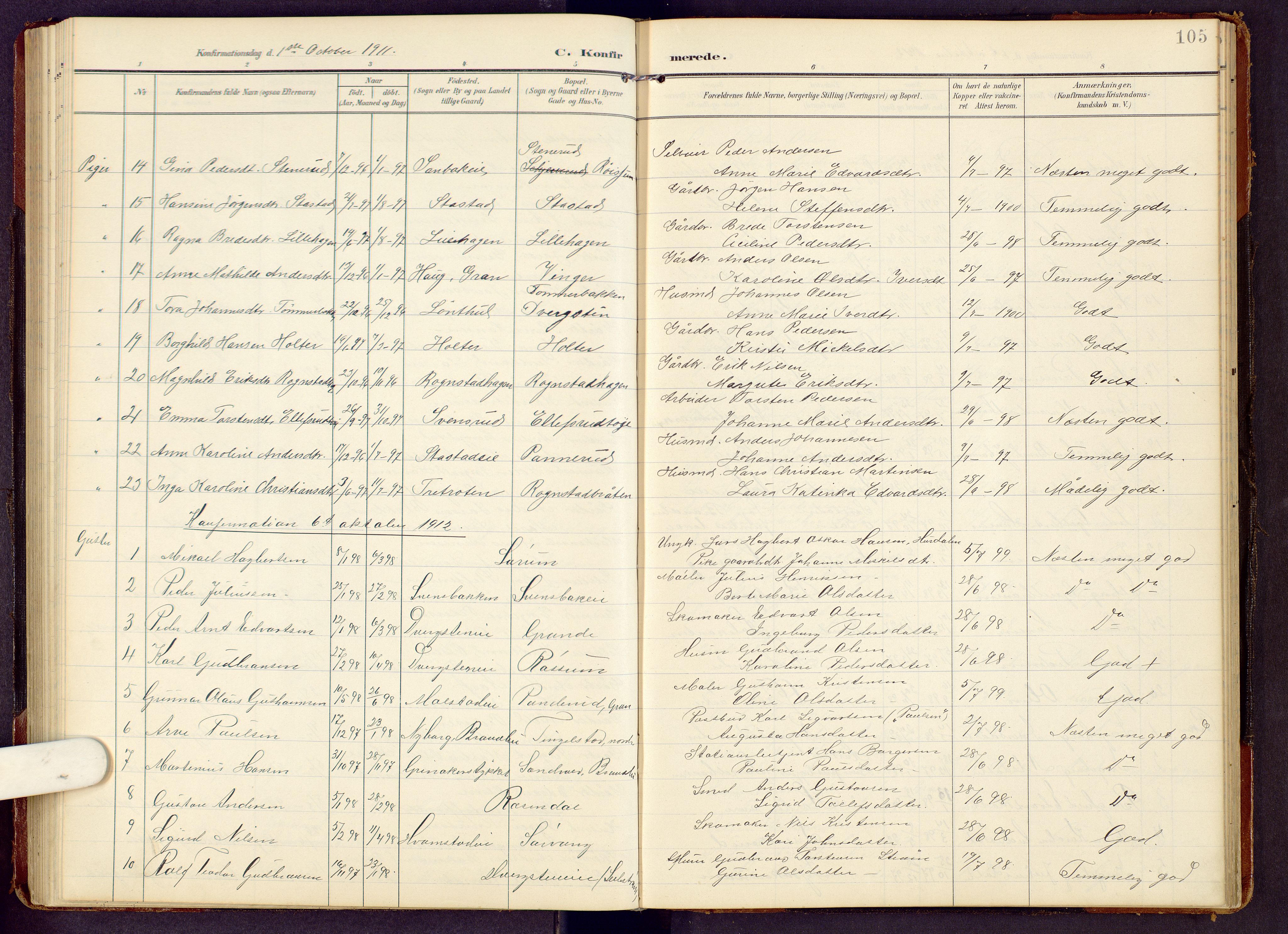 Brandbu prestekontor, SAH/PREST-114/H/Ha/Hab/L0009: Parish register (copy) no. 9, 1903-1916, p. 105