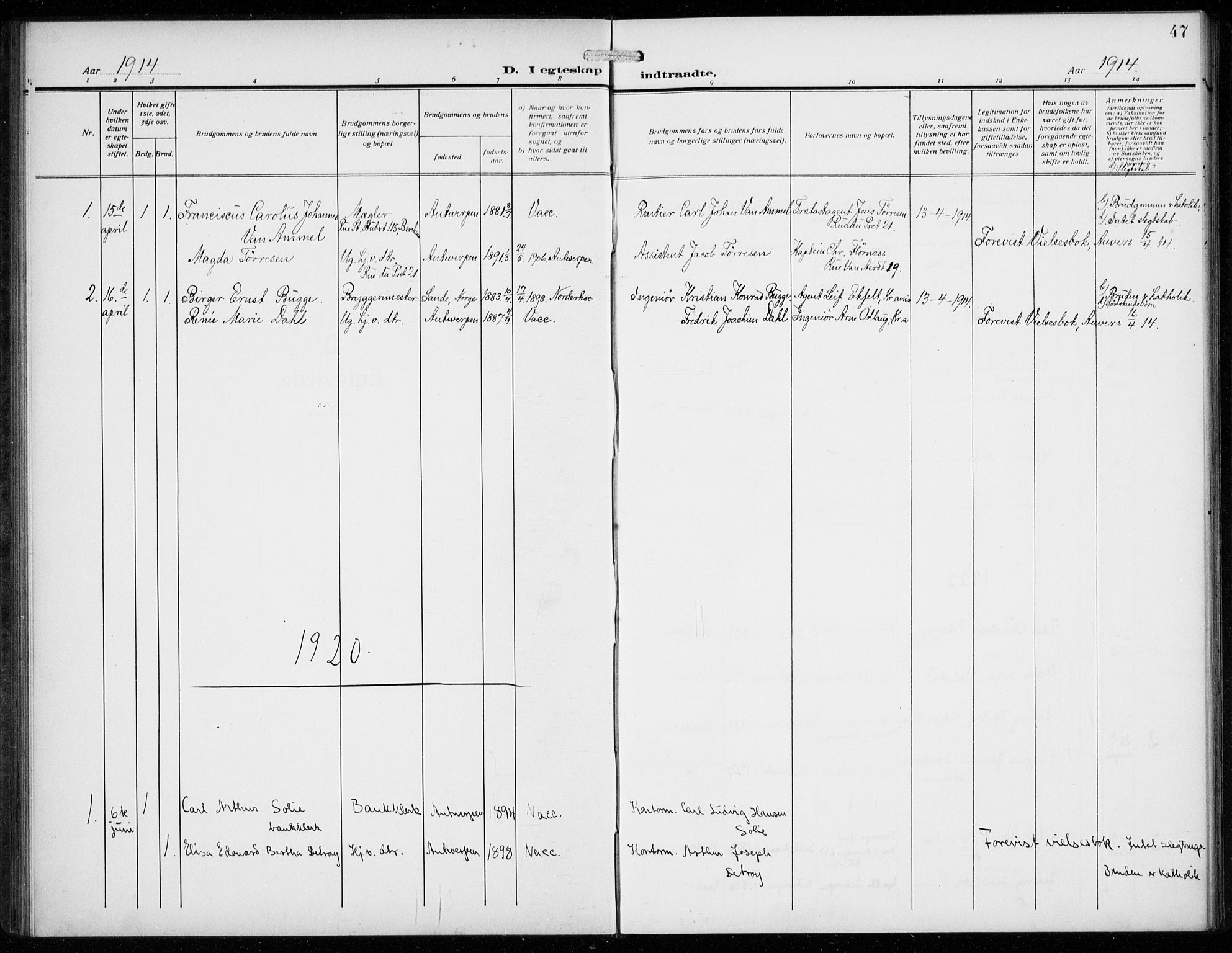 Den norske sjømannsmisjon i utlandet/Antwerpen, SAB/SAB/PA-0105/H/Ha/L0003: Parish register (official) no. A 3, 1914-1930, p. 47