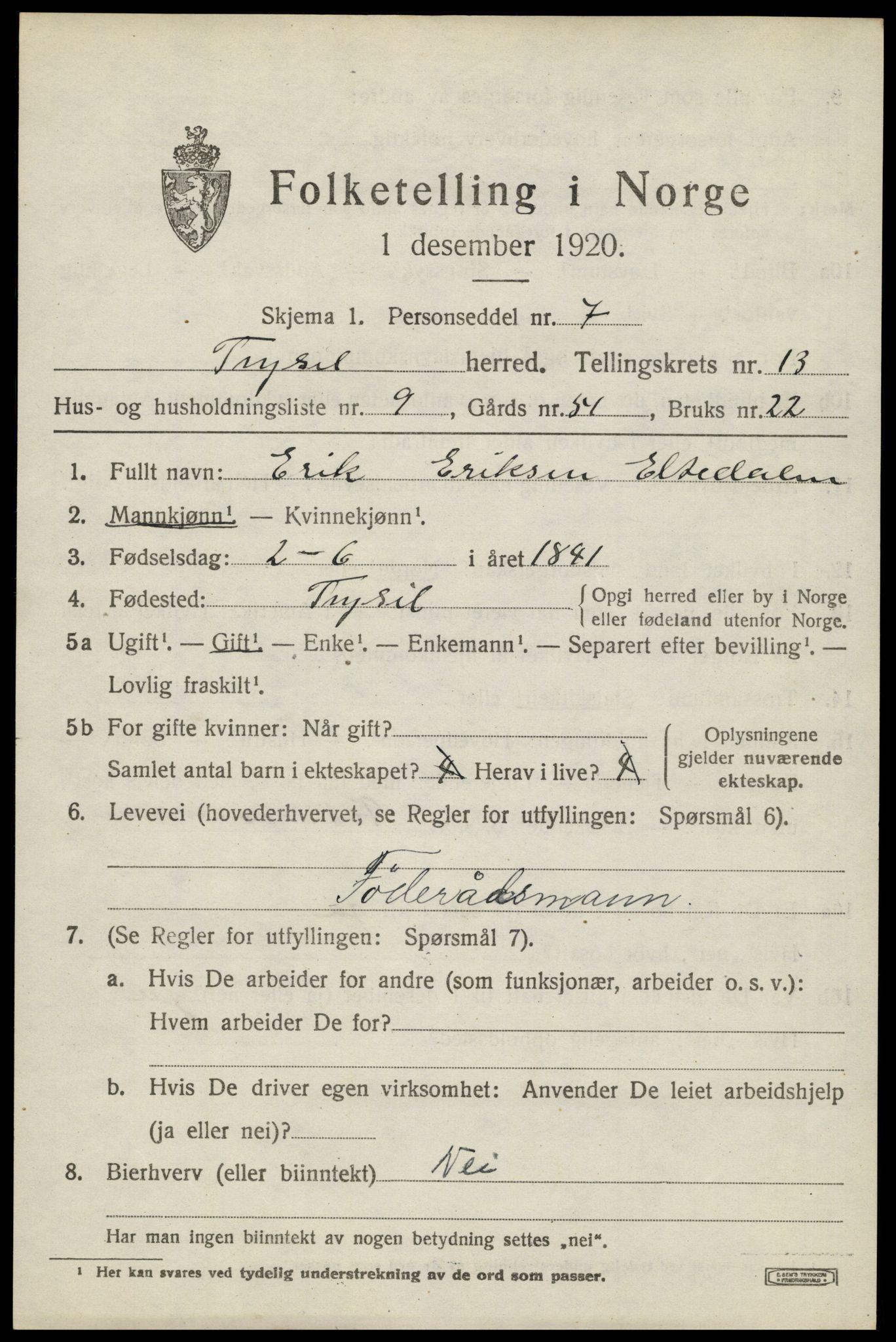 SAH, 1920 census for Trysil, 1920, p. 7747