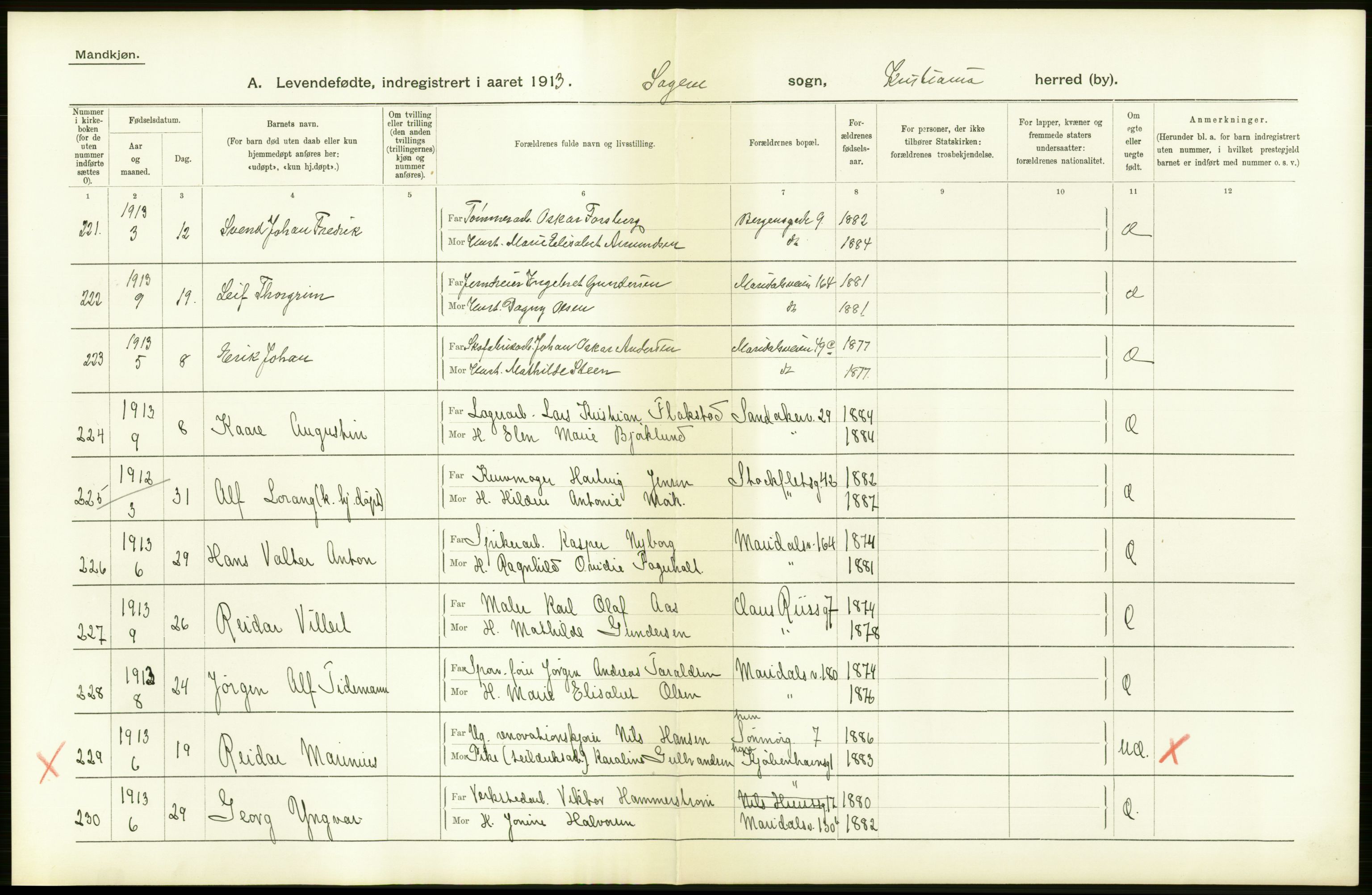 Statistisk sentralbyrå, Sosiodemografiske emner, Befolkning, AV/RA-S-2228/D/Df/Dfb/Dfbc/L0006: Kristiania: Levendefødte menn og kvinner., 1913, p. 12