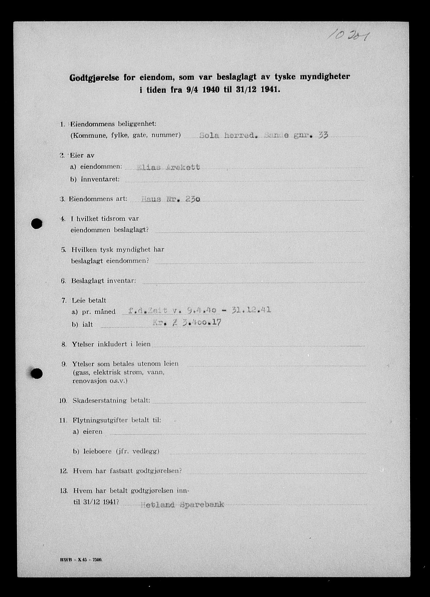 Justisdepartementet, Tilbakeføringskontoret for inndratte formuer, AV/RA-S-1564/I/L1014: Godtgjørelse for beslaglagt eiendom, 1940-1941, p. 167
