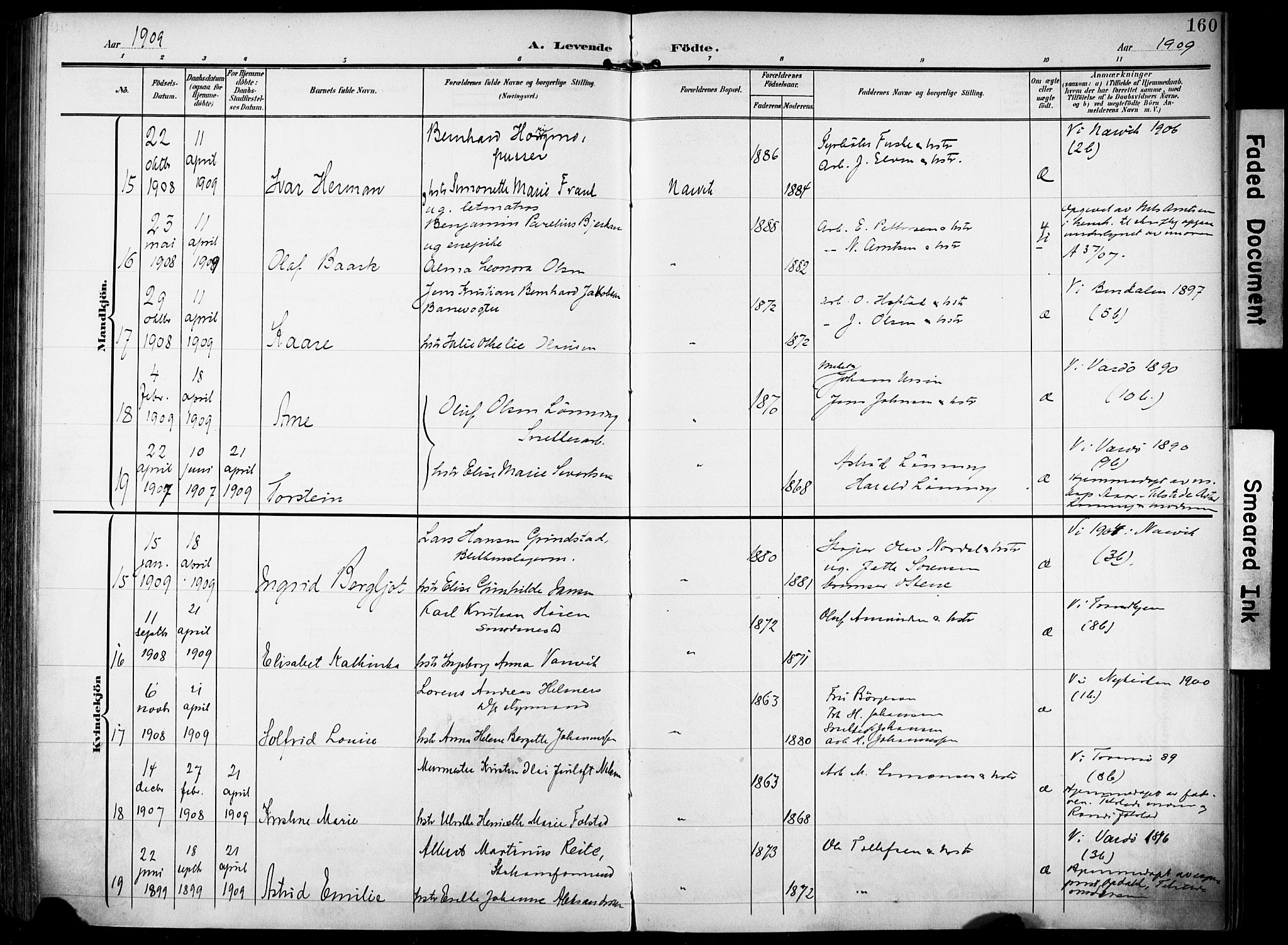 Ministerialprotokoller, klokkerbøker og fødselsregistre - Nordland, AV/SAT-A-1459/871/L0994: Parish register (official) no. 871A10, 1902-1910, p. 160