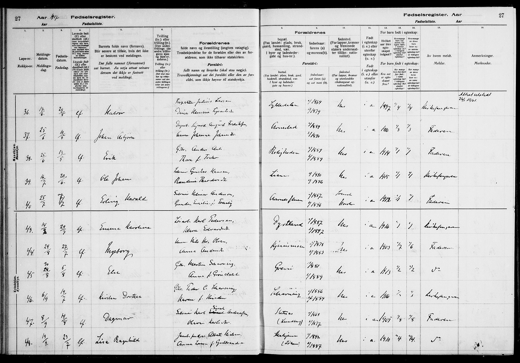 Nes prestekontor Kirkebøker, AV/SAO-A-10410/J/Ja/L0001: Birth register no. 1, 1916-1926, p. 27