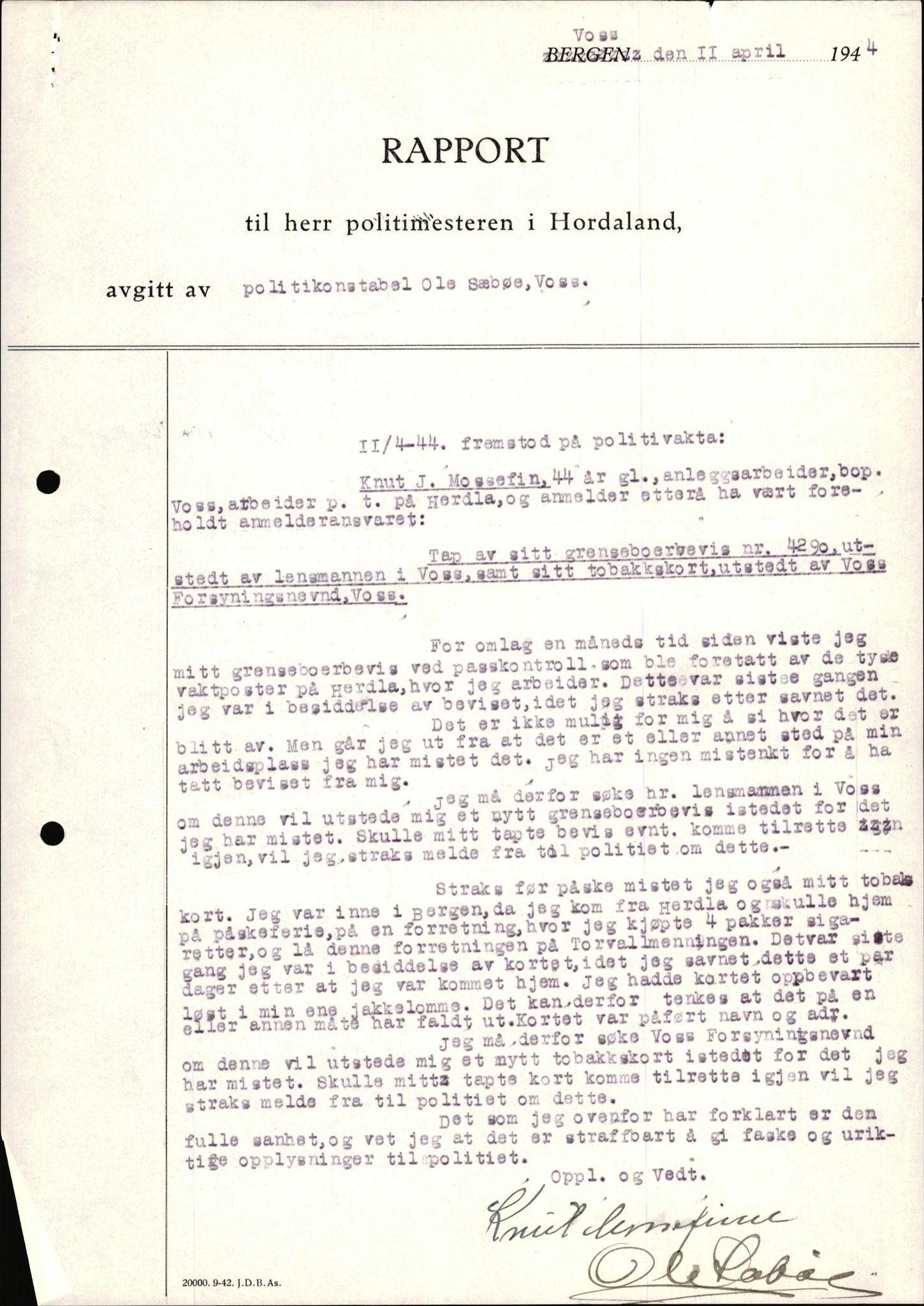 Lensmannen i Voss, AV/SAB-A-35801/0026/L0010: Søknader om grensebuarbevis, 7301 - 8200, 1940-1945, p. 2103