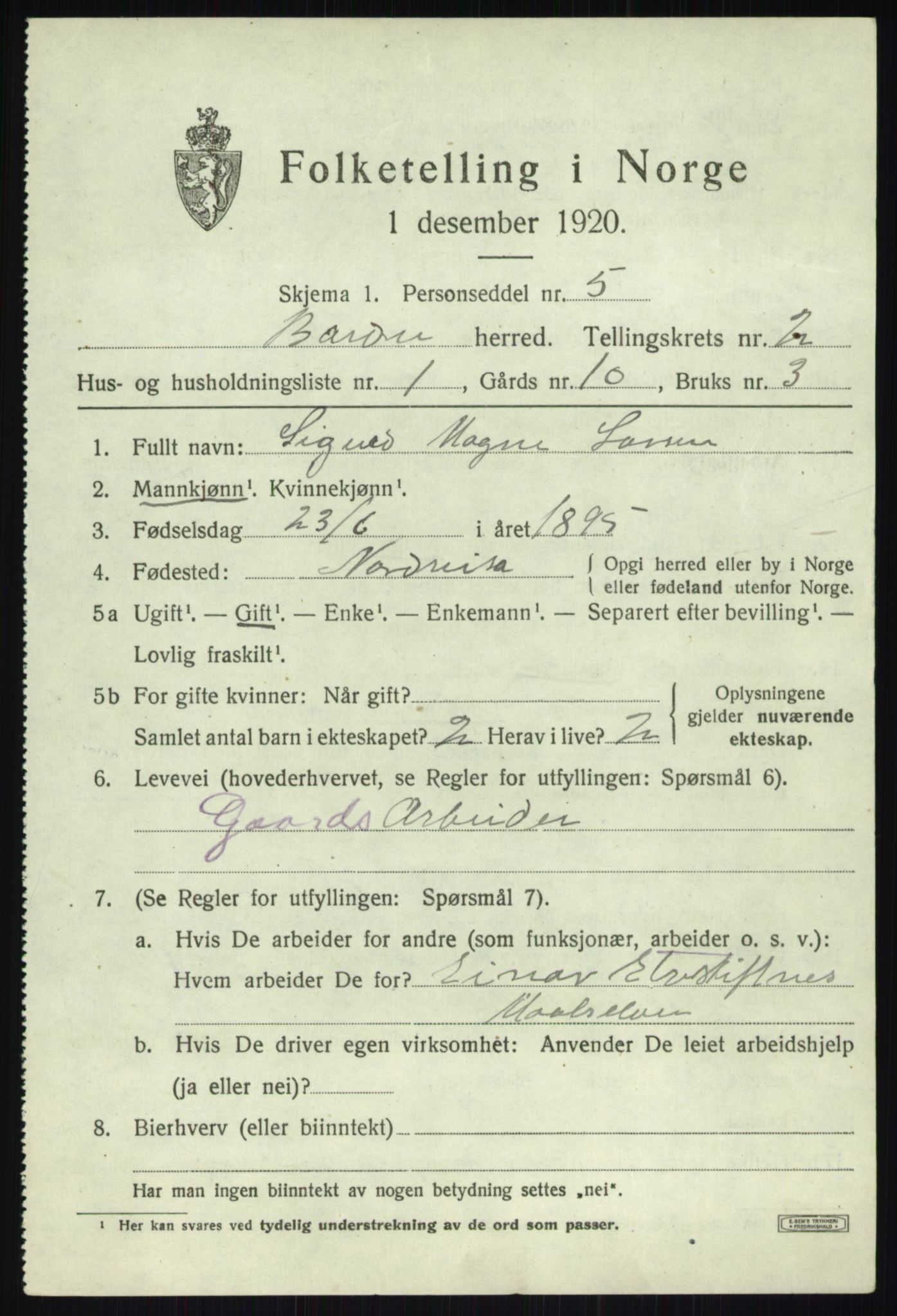 SATØ, 1920 census for Bardu, 1920, p. 954