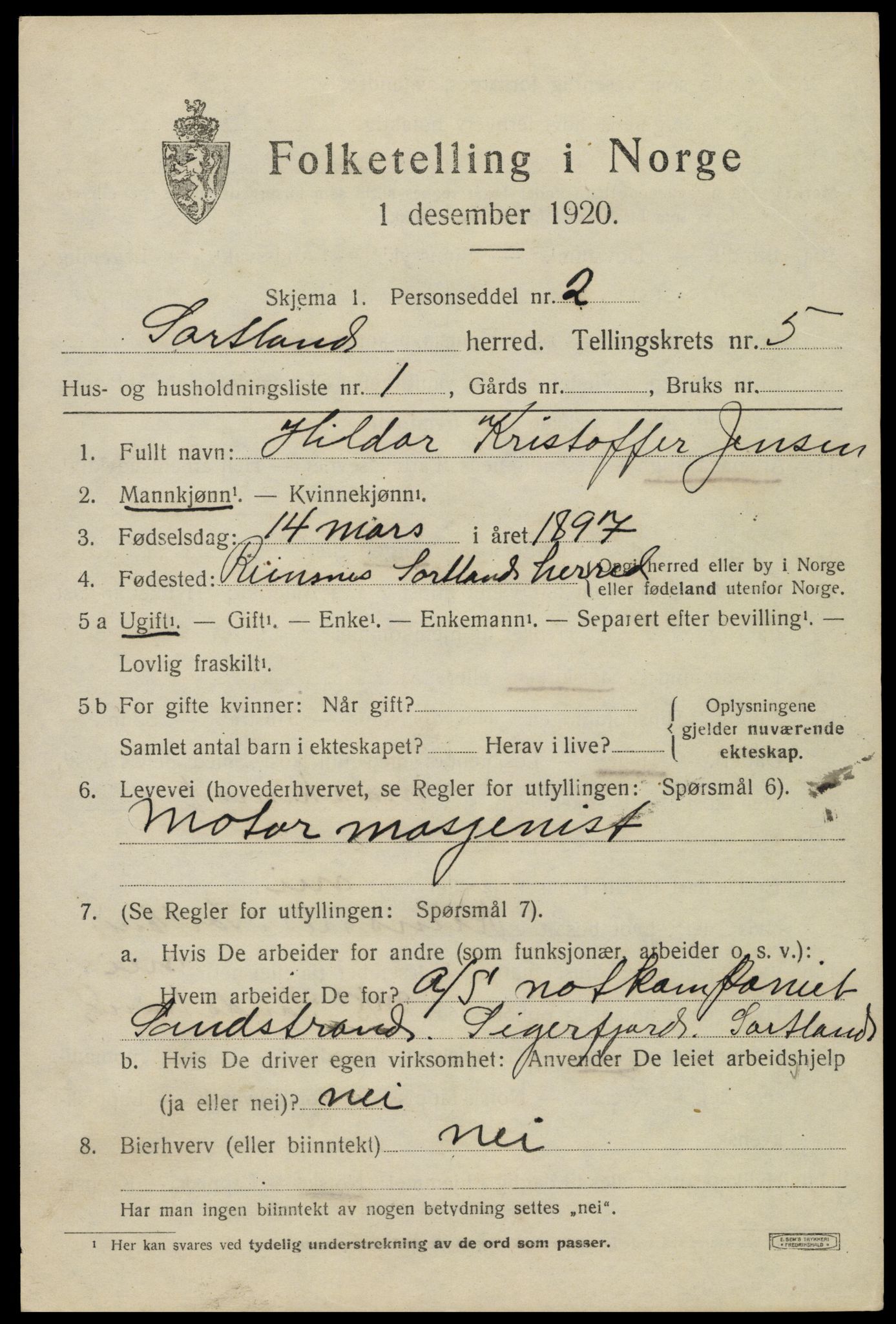 SAT, 1920 census for Sortland, 1920, p. 5474