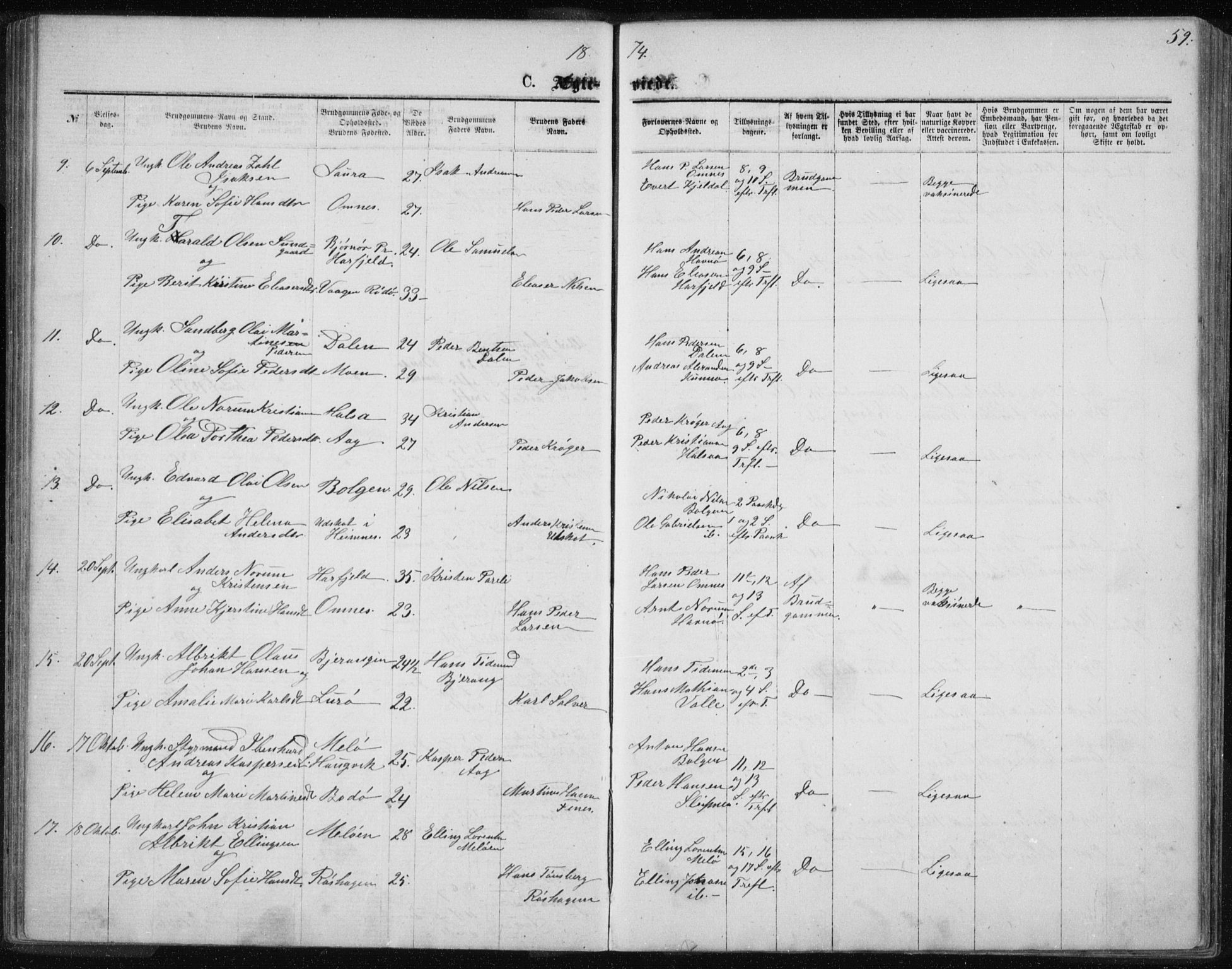 Ministerialprotokoller, klokkerbøker og fødselsregistre - Nordland, AV/SAT-A-1459/843/L0635: Parish register (copy) no. 843C04, 1872-1887, p. 59