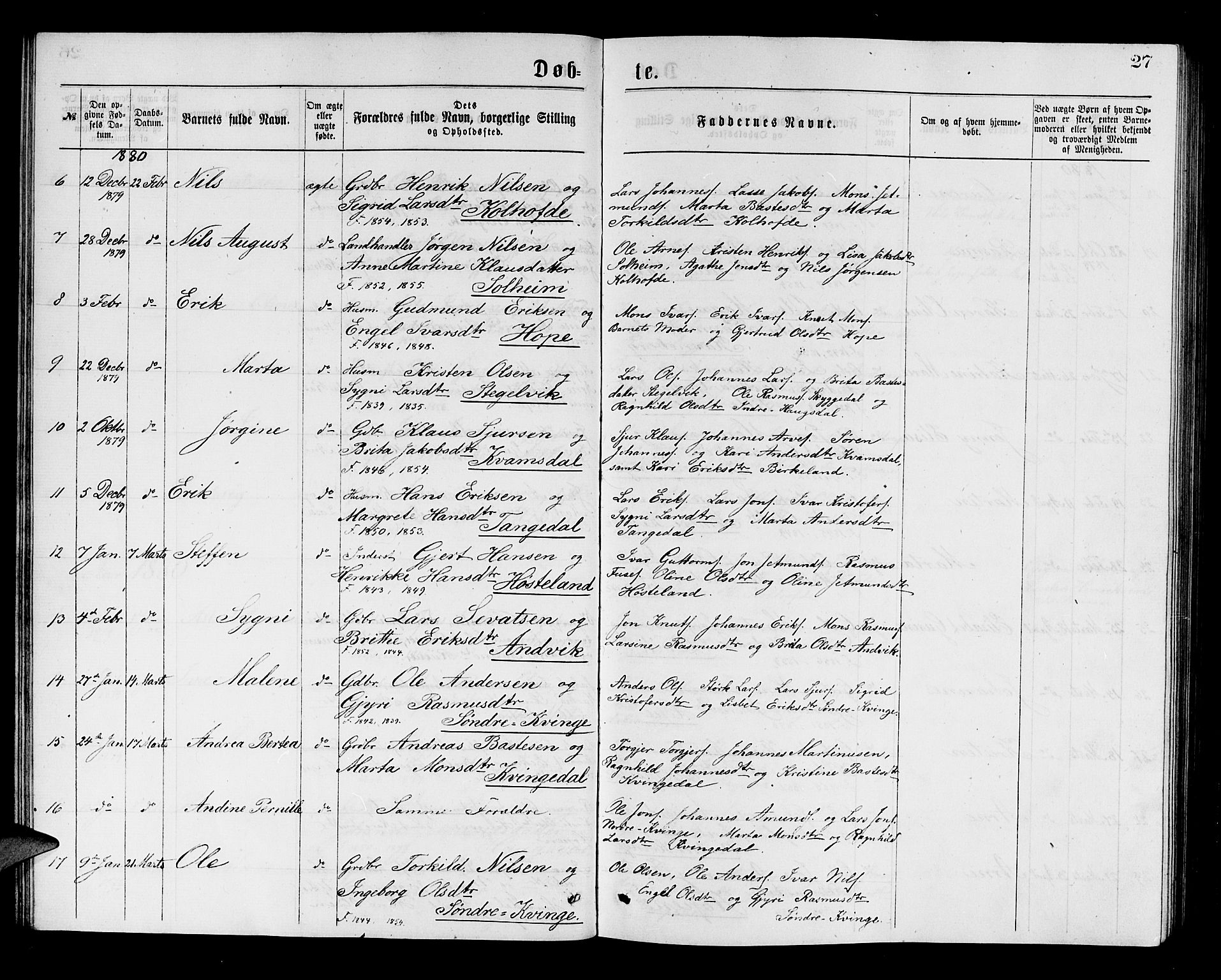 Masfjorden Sokneprestembete, AV/SAB-A-77001: Parish register (copy) no. A 2, 1876-1891, p. 27