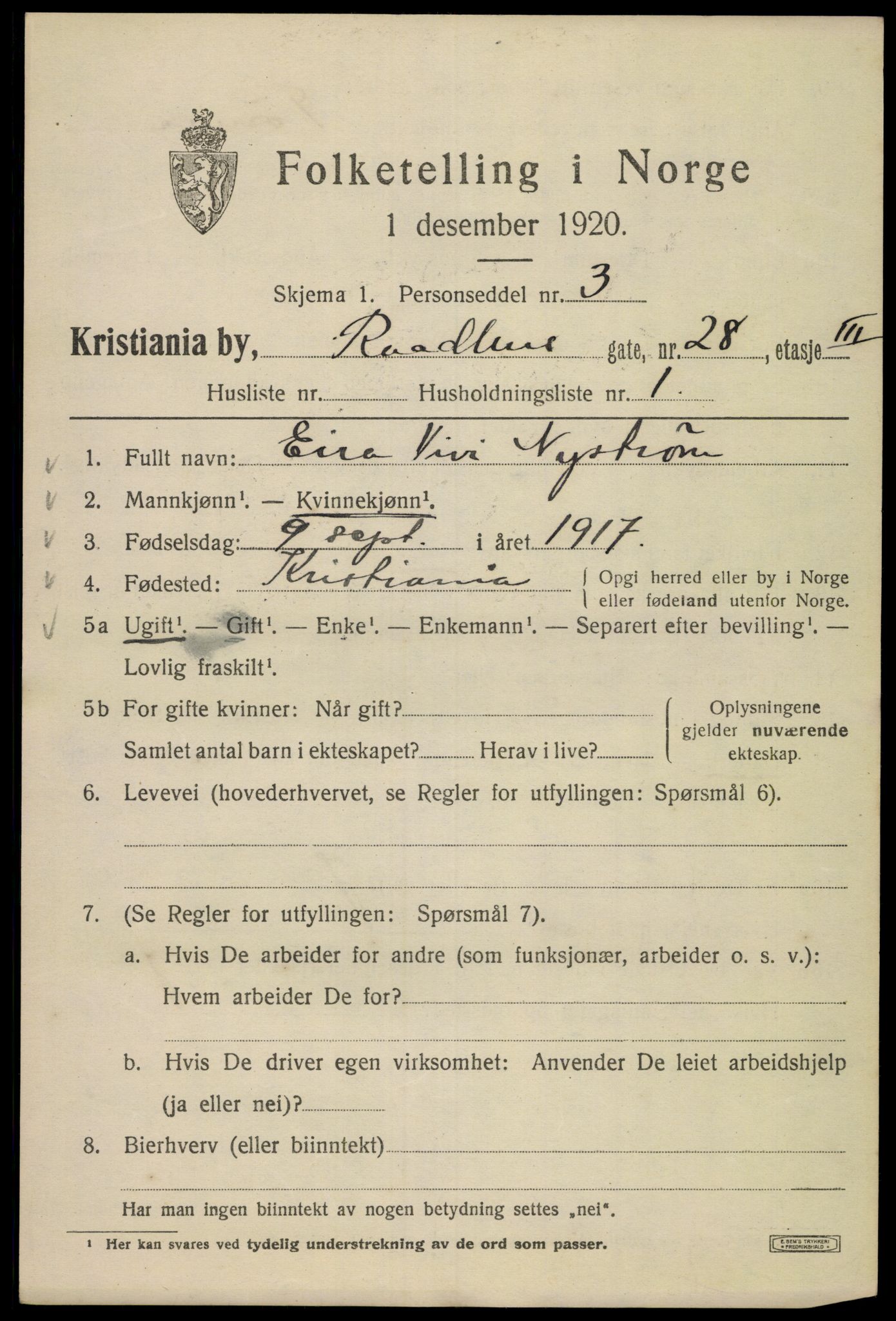 SAO, 1920 census for Kristiania, 1920, p. 461097