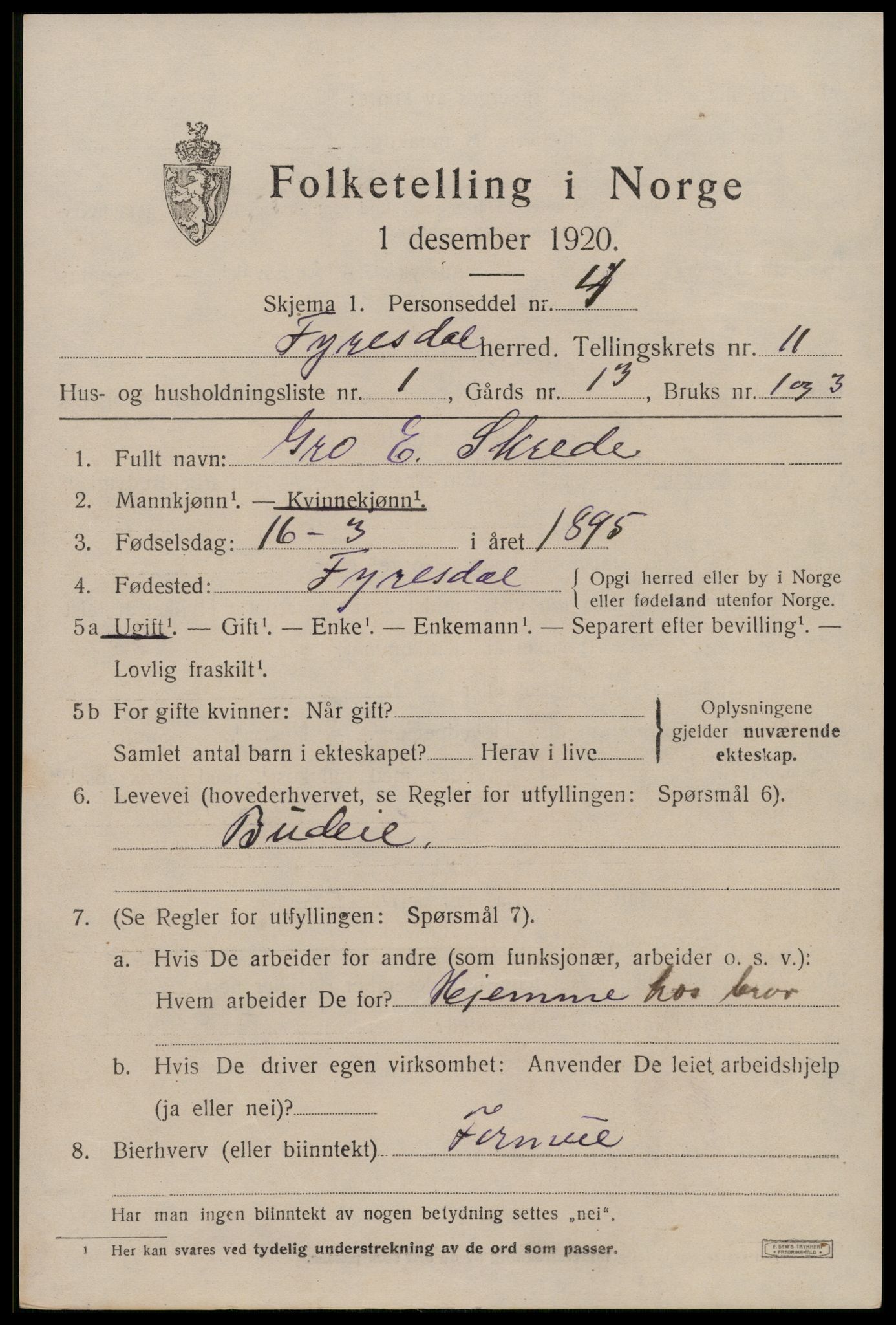 SAKO, 1920 census for Fyresdal, 1920, p. 4035