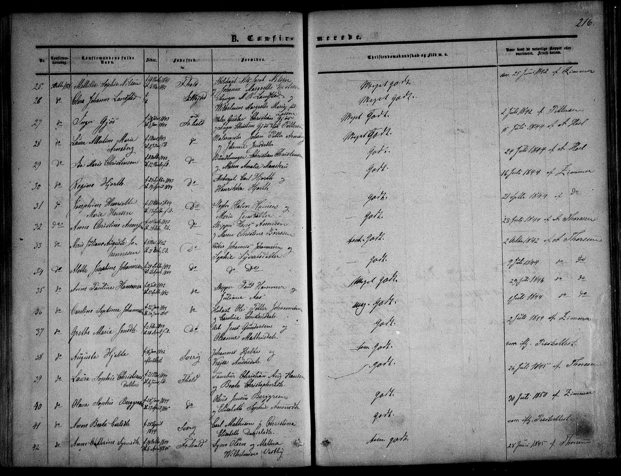 Halden prestekontor Kirkebøker, AV/SAO-A-10909/F/Fa/L0007: Parish register (official) no. I 7, 1857-1865, p. 216