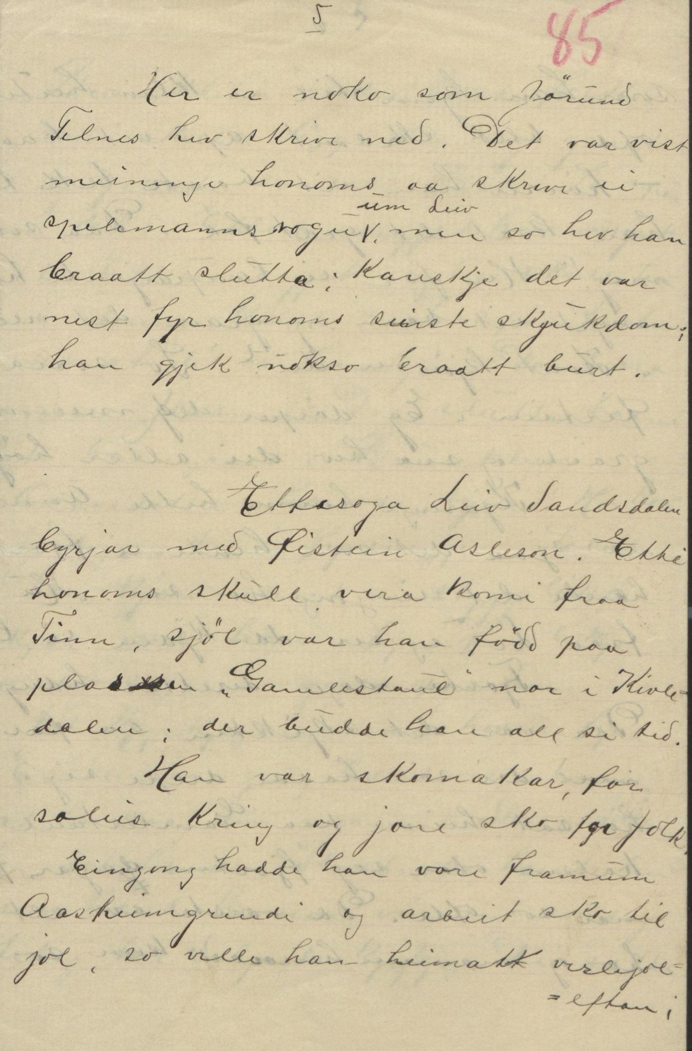 Rikard Berge, TEMU/TGM-A-1003/F/L0004/0053: 101-159 / 157 Manuskript, notatar, brev o.a. Nokre leiker, manuskript, 1906-1908, p. 85