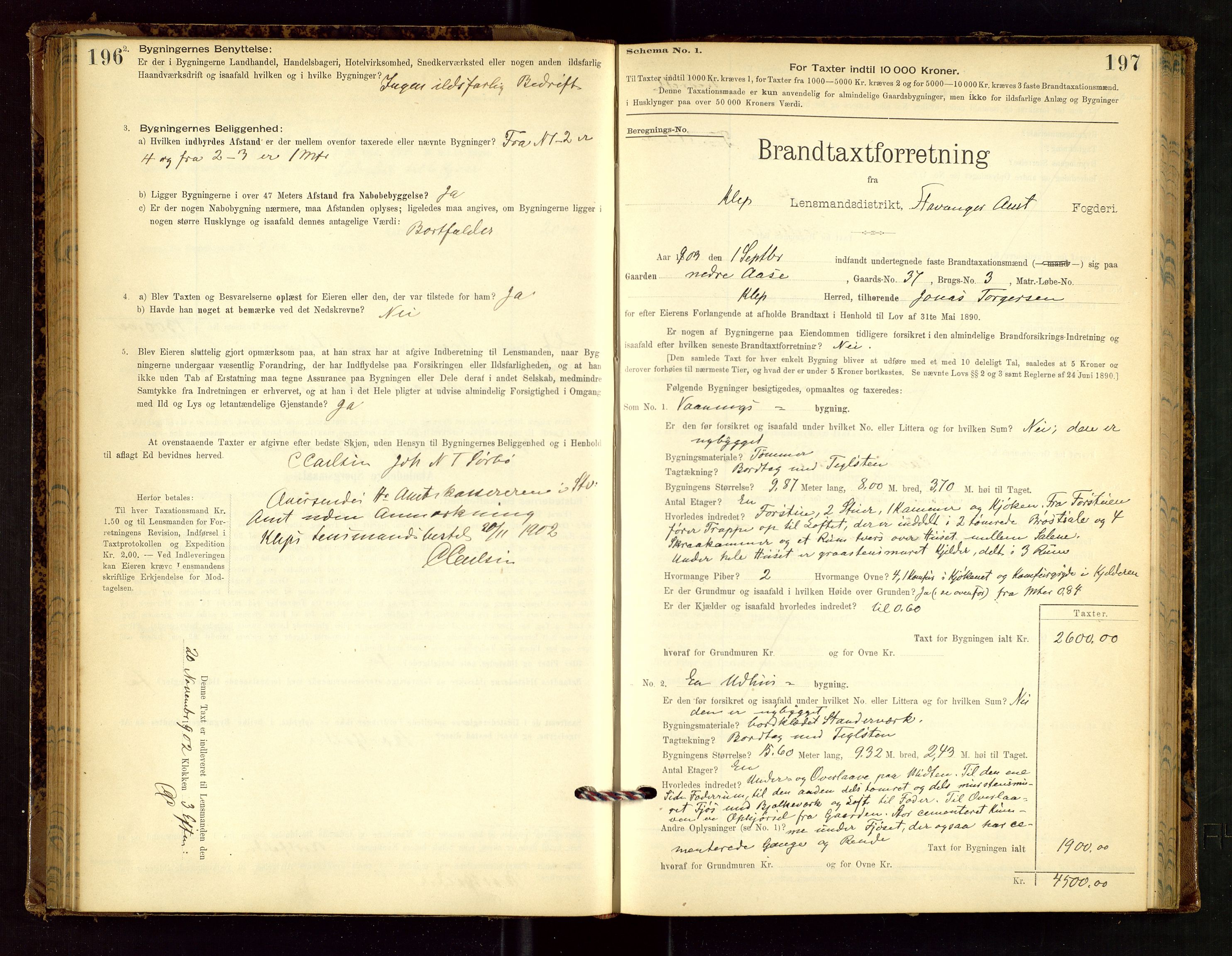 Klepp lensmannskontor, SAST/A-100163/Goc/L0002: "Brandtaxationsprotokol" m/register, 1898-1902, p. 196-197