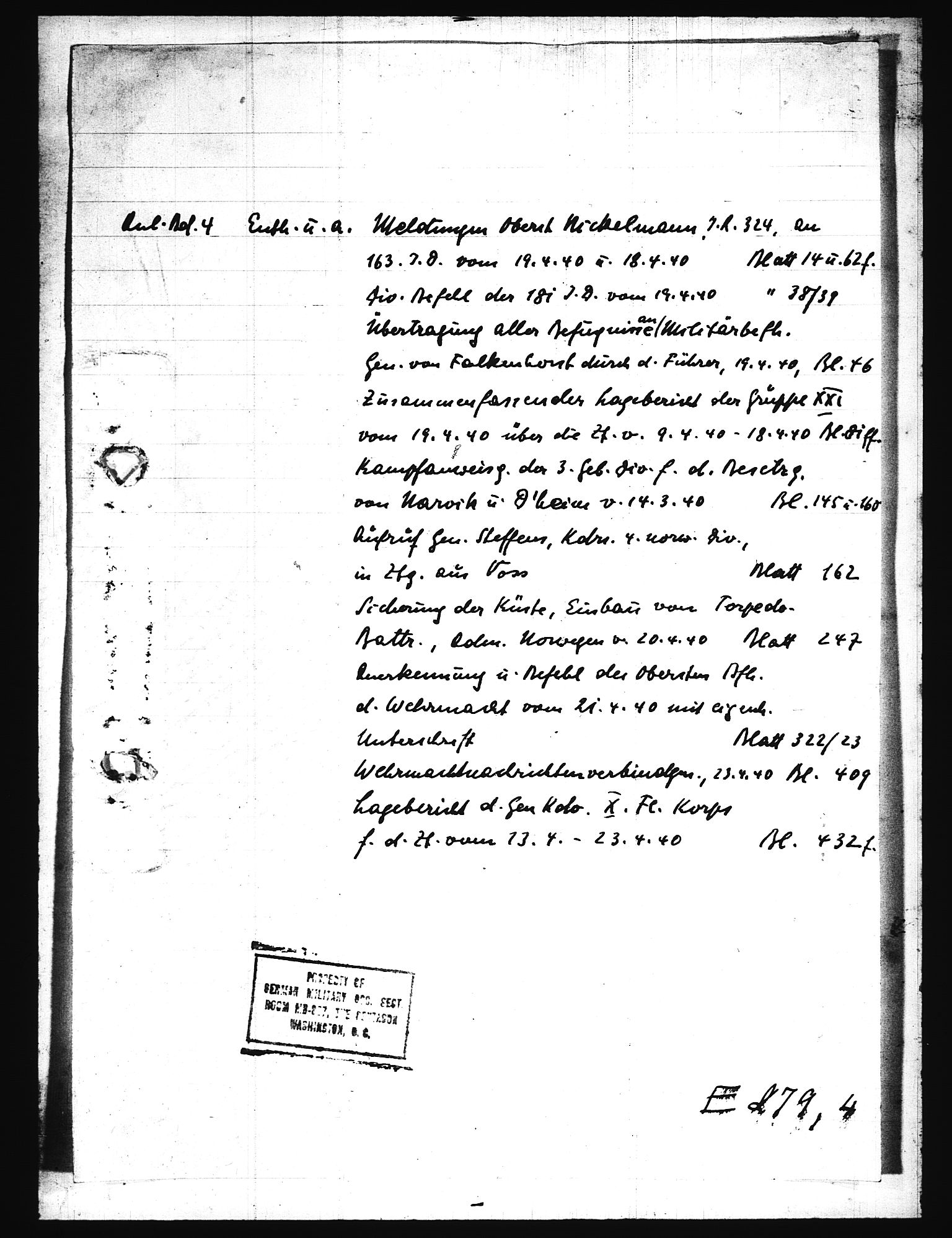 Documents Section, RA/RAFA-2200/V/L0076: Amerikansk mikrofilm "Captured German Documents".
Box No. 715.  FKA jnr. 619/1954., 1940, p. 187