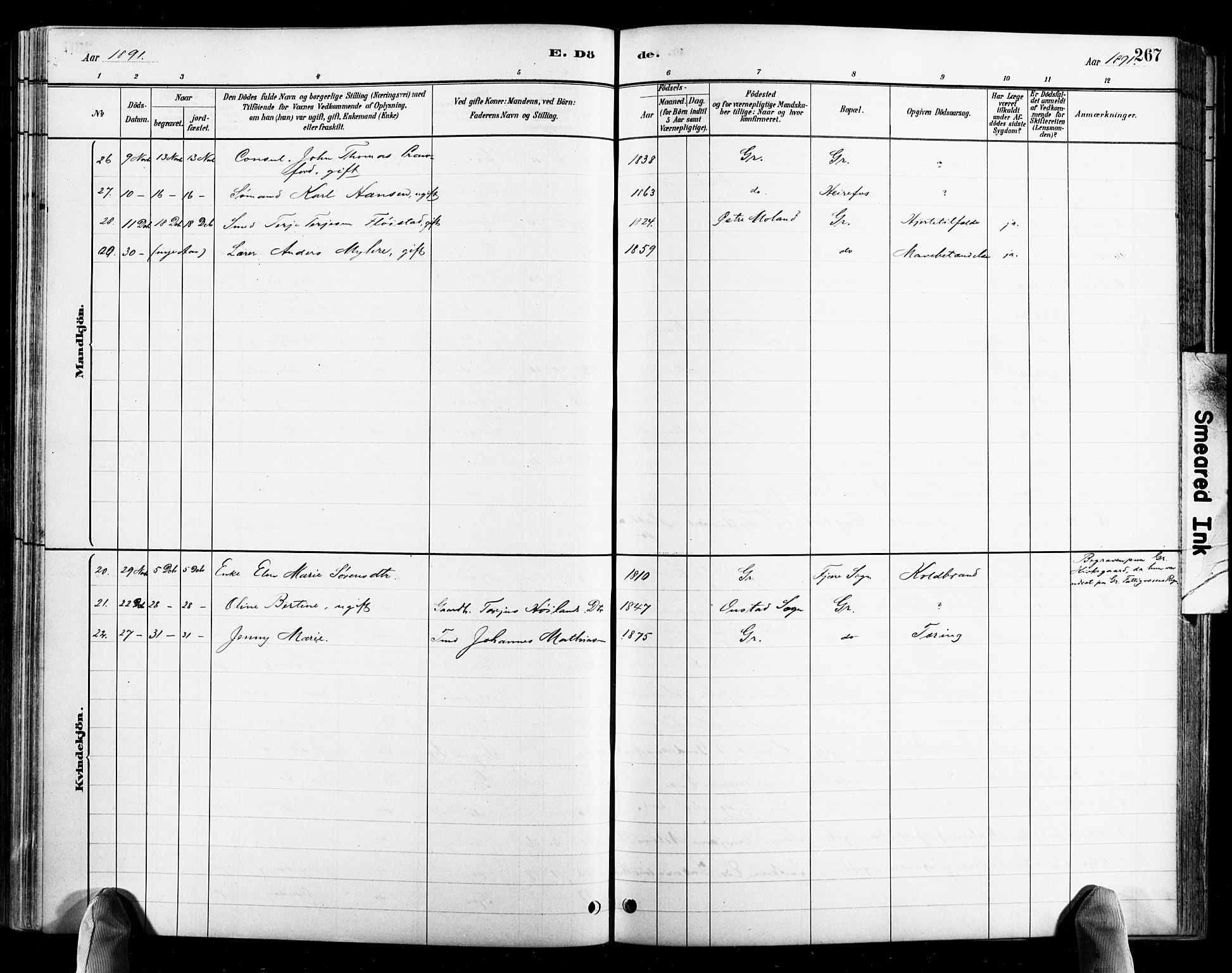 Grimstad sokneprestkontor, AV/SAK-1111-0017/F/Fb/L0001: Parish register (copy) no. B 1, 1881-1922, p. 267