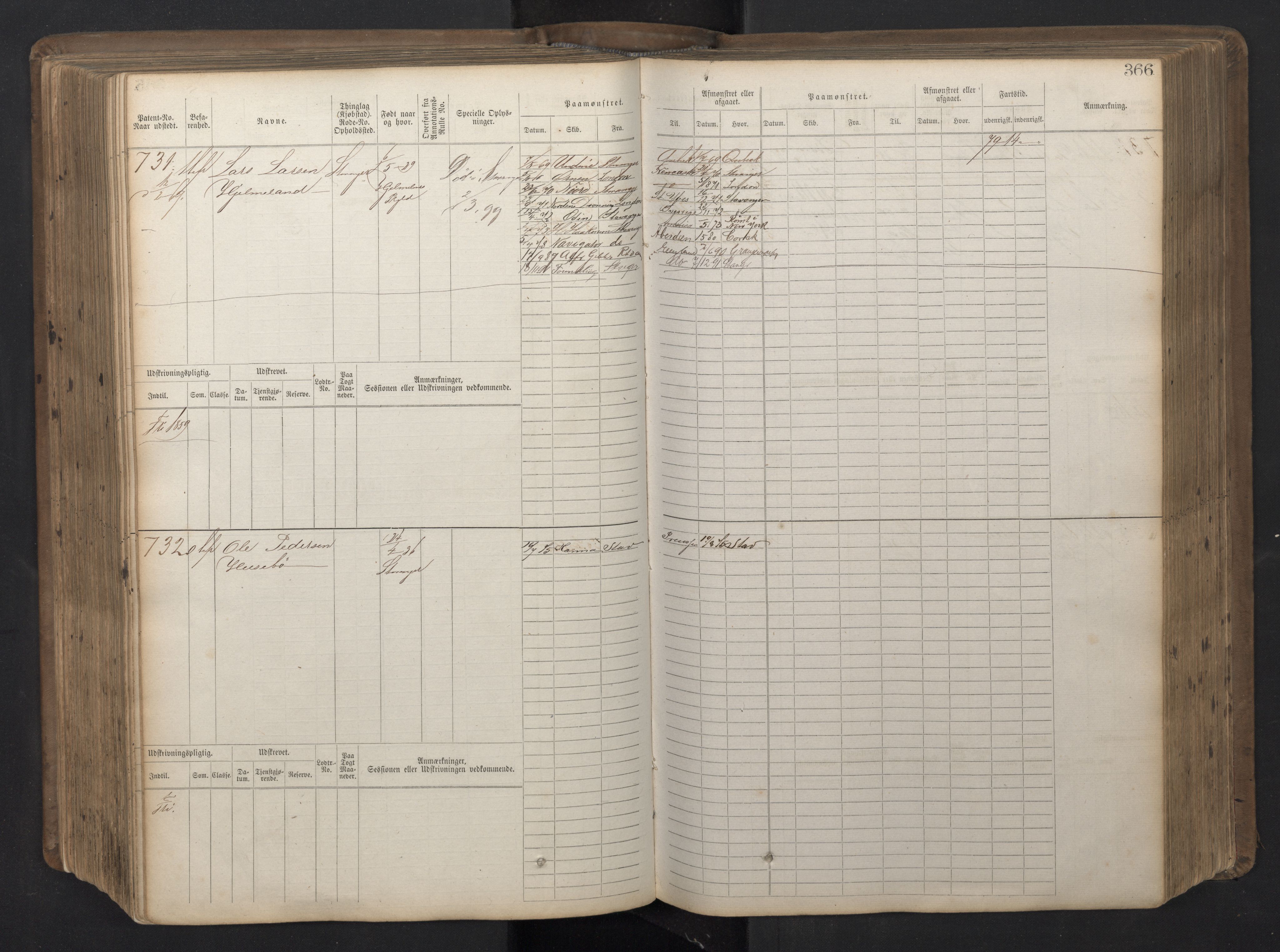 Stavanger sjømannskontor, AV/SAST-A-102006/F/Fb/Fbb/L0016: Sjøfartshovedrulle patnentnr. 1-1202 (dublett), 1869, p. 366