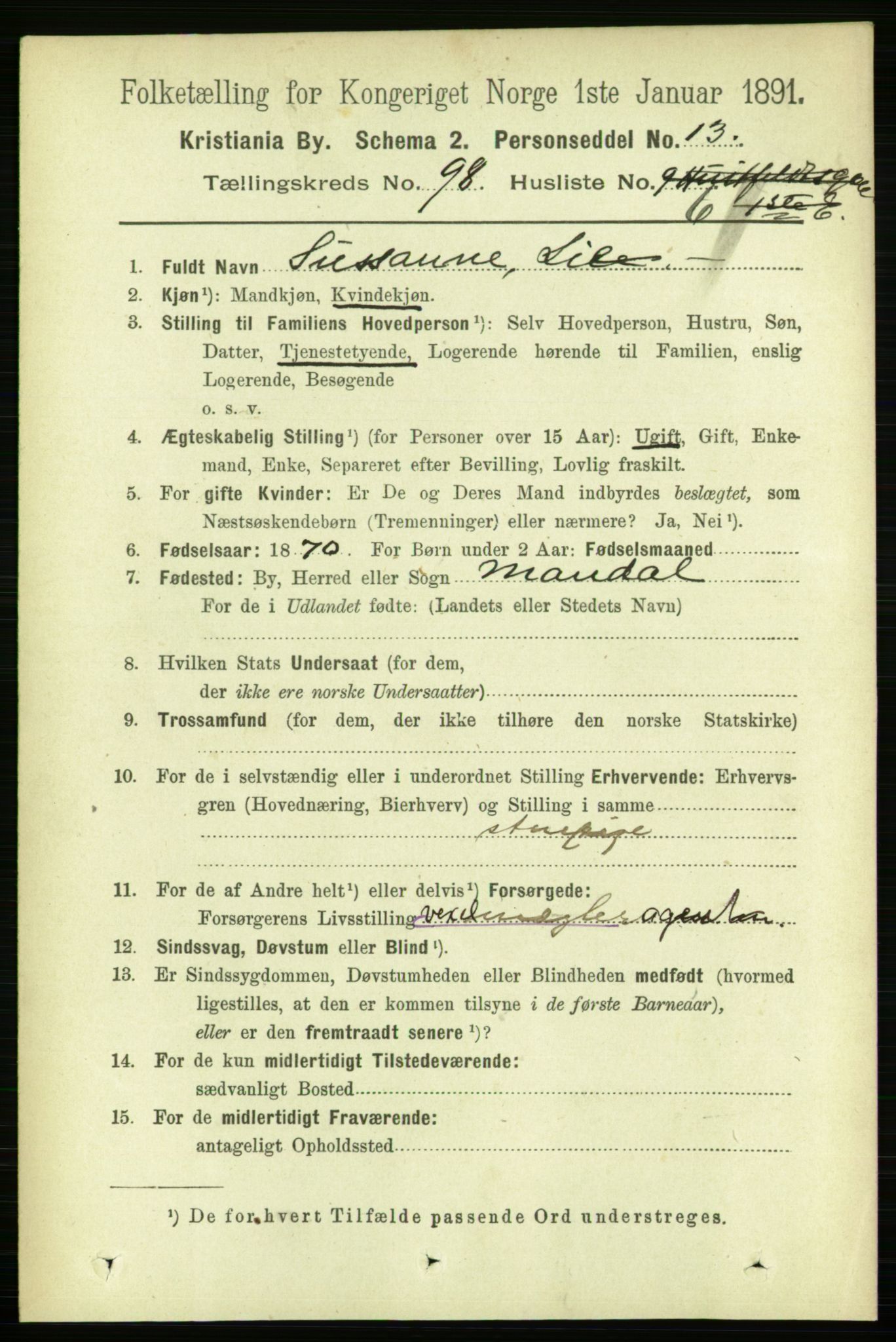 RA, 1891 census for 0301 Kristiania, 1891, p. 47847