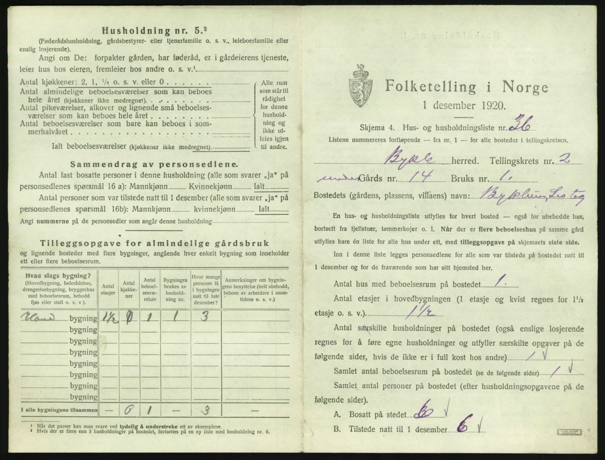 SAK, 1920 census for Bykle, 1920, p. 143