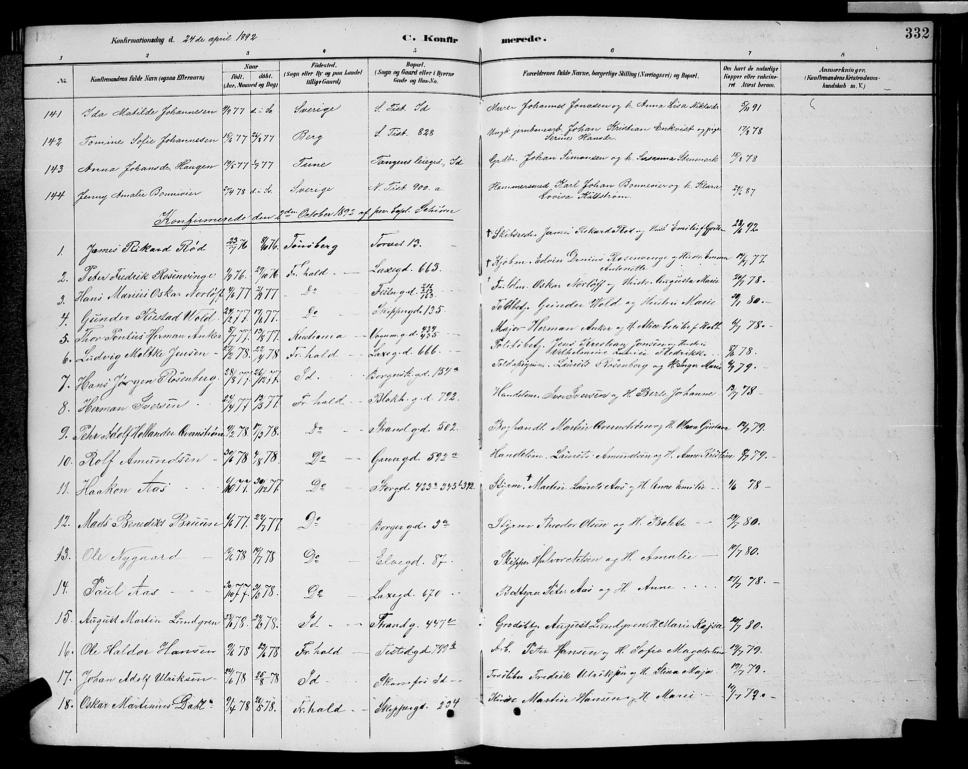 Halden prestekontor Kirkebøker, AV/SAO-A-10909/G/Ga/L0008: Parish register (copy) no. 8, 1885-1899, p. 332