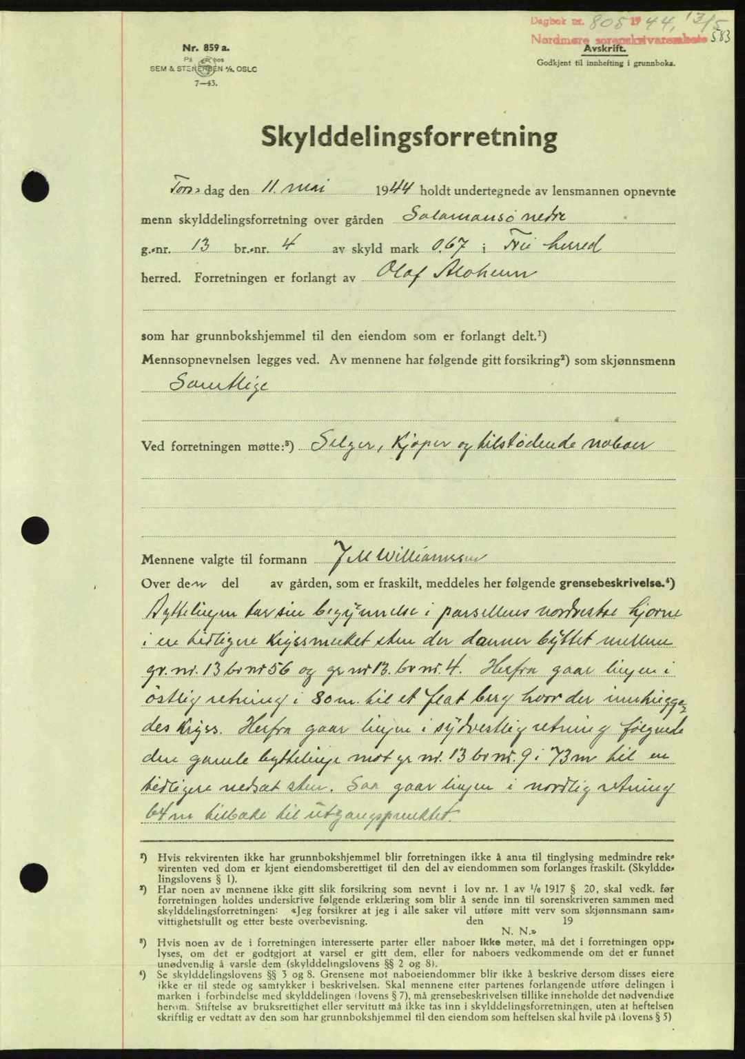 Nordmøre sorenskriveri, AV/SAT-A-4132/1/2/2Ca: Mortgage book no. A97, 1944-1944, Diary no: : 805/1944